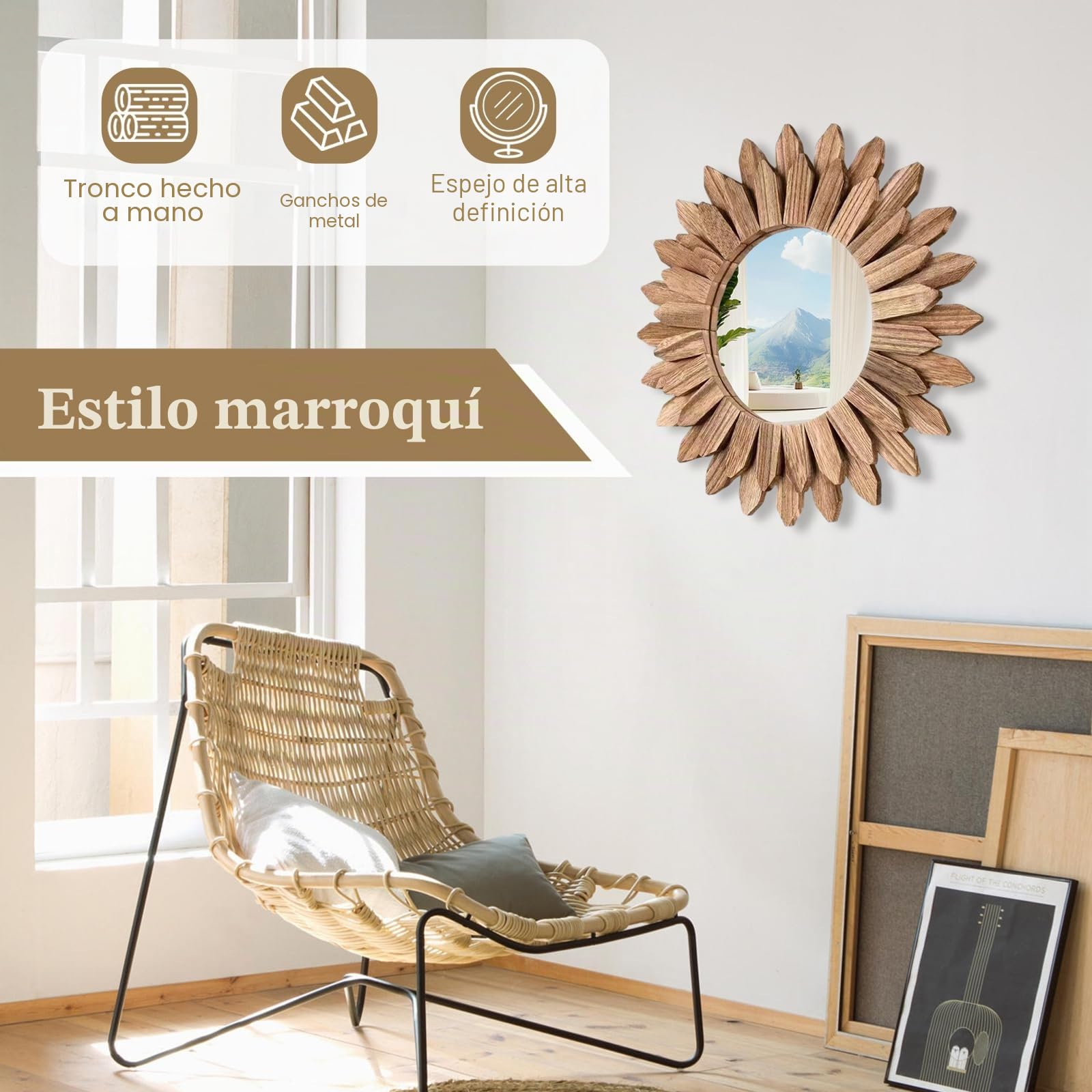 Espejo de pared pequeño redondo Ø50 cm con marco de madera flotante, espejo con marco de madera rústico en marrón natural para estilo campestre/costero/bohemio, para baño, sala de estar