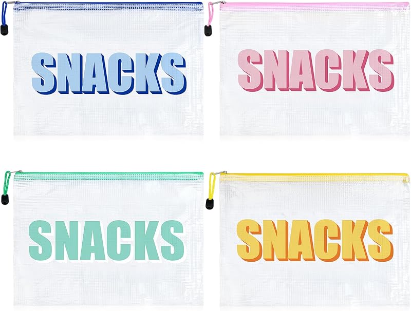 Necessaires transparentes SOIDRAM com zíper e estampa SNACKS B, Pacote com 4