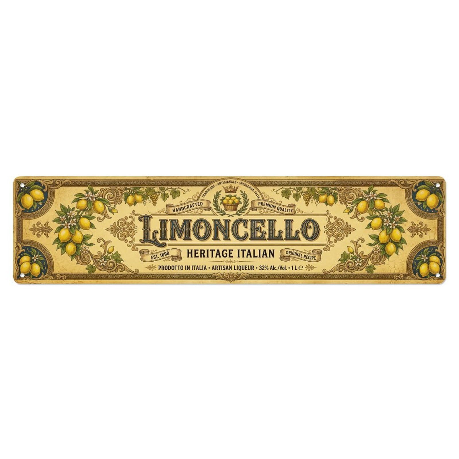 Limoncello Heritage Italian Lemon Metal Tin Skinny Sign Plaque Wall Decor for Cafe, Club Bar, Office, Home Garden Metal Poster 4x16Inch