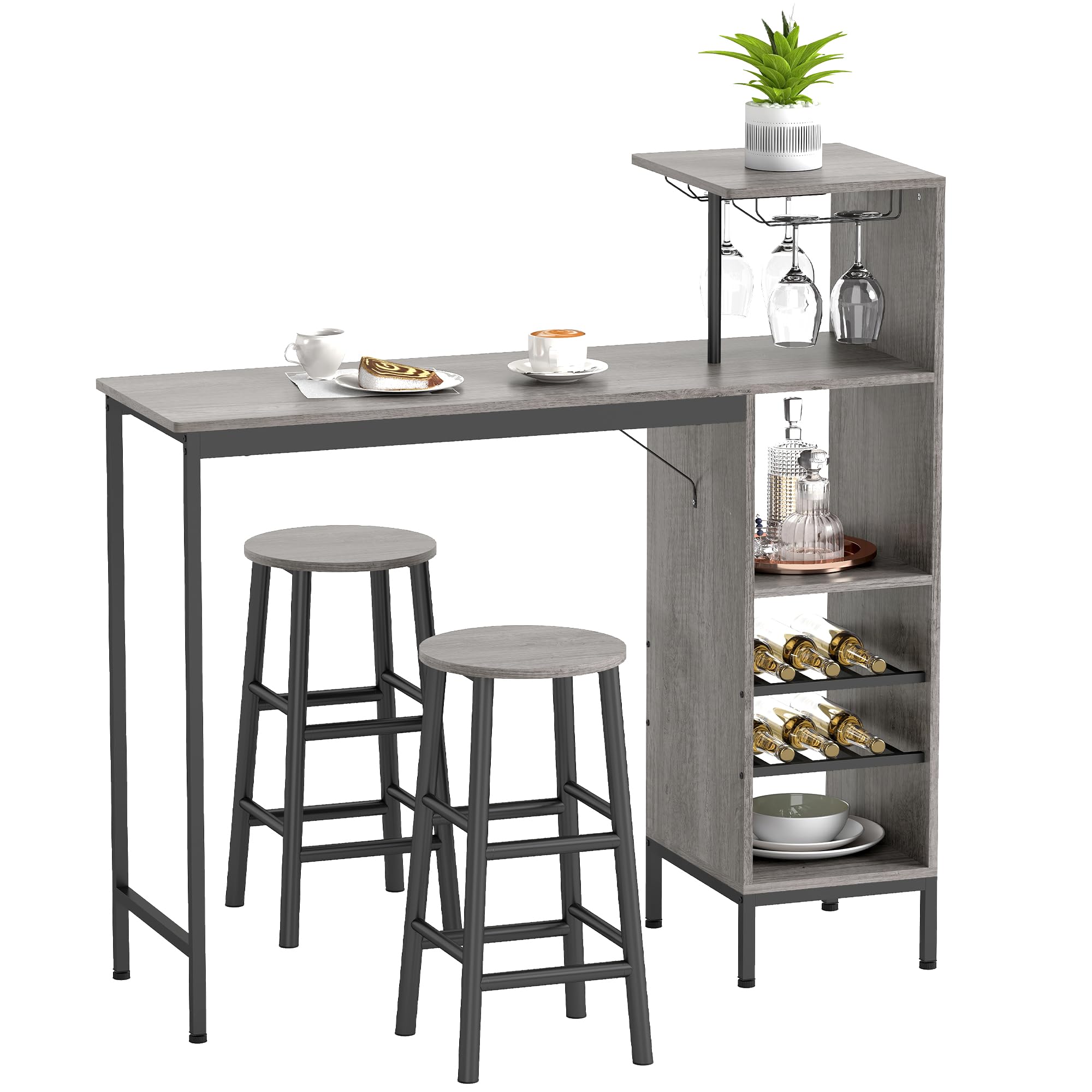 HOMCOM Ensemble Table de Bar avec Tabourets 2 Chaises Effet Bois Naturel | Table à Manger Debout, Chaises Rondes avec Repose-Pieds, Étagères de Rangement, Casiers à Vin, Porte-Verres