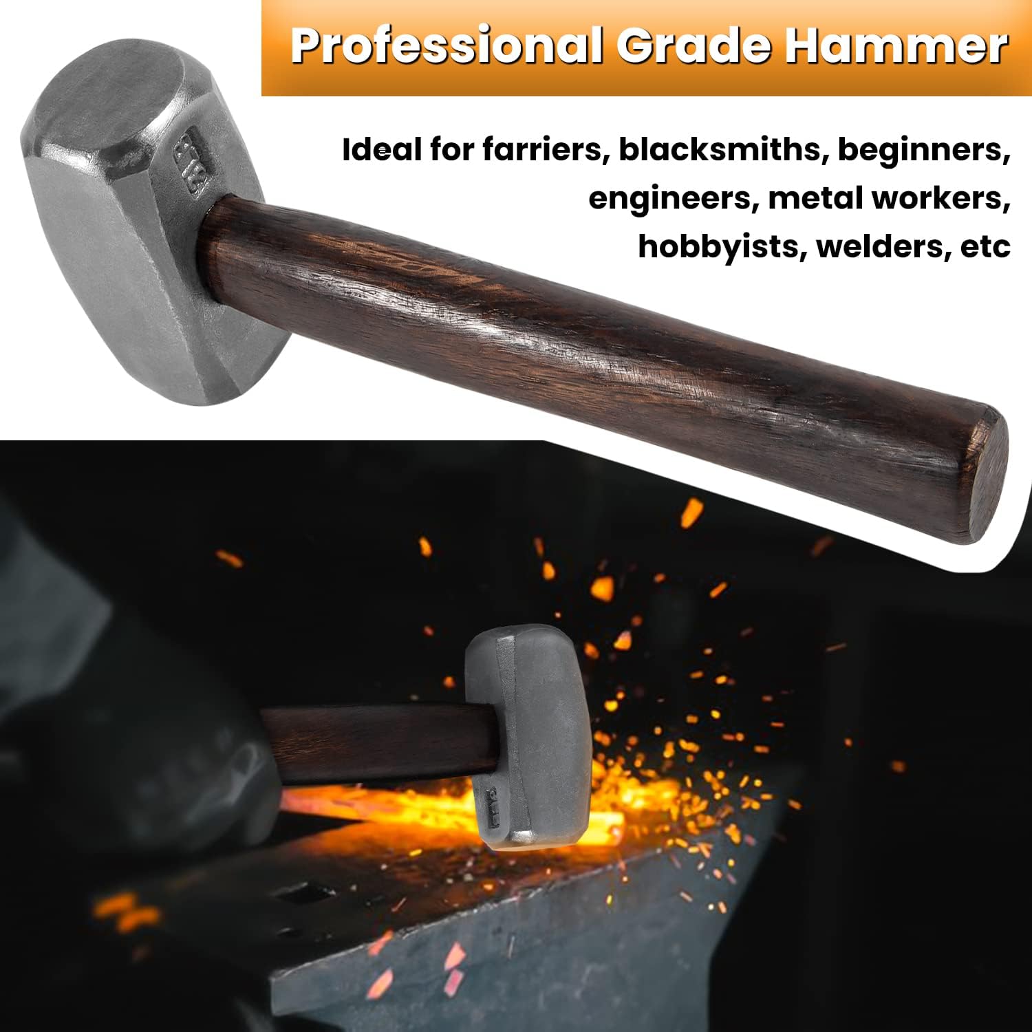3lb Blacksmith Hammer Bladesmith Forge Engineer Drilling Stubby Hammer Handmade Knife Making Metal Working Forging Farrier Tool Flat Round Face with Wooden Handle Steel Head