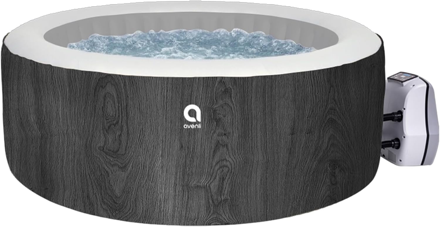 JLeisure Avenli Vancouver 1,200 Liter 63 inch 6 Person 140 Jets Inflatable Hot Tub Spa with Insulated Cover and Floor Protector, Black Wood Finish