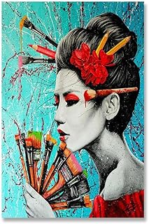 HJKLP Geisha Giapponese Abito da Parete Quadro Colorata Graffiti Art Canvas Painting Woman Portrait Poster E Stampe per Living Room Decorazioni 60x80cm Senza Cornice