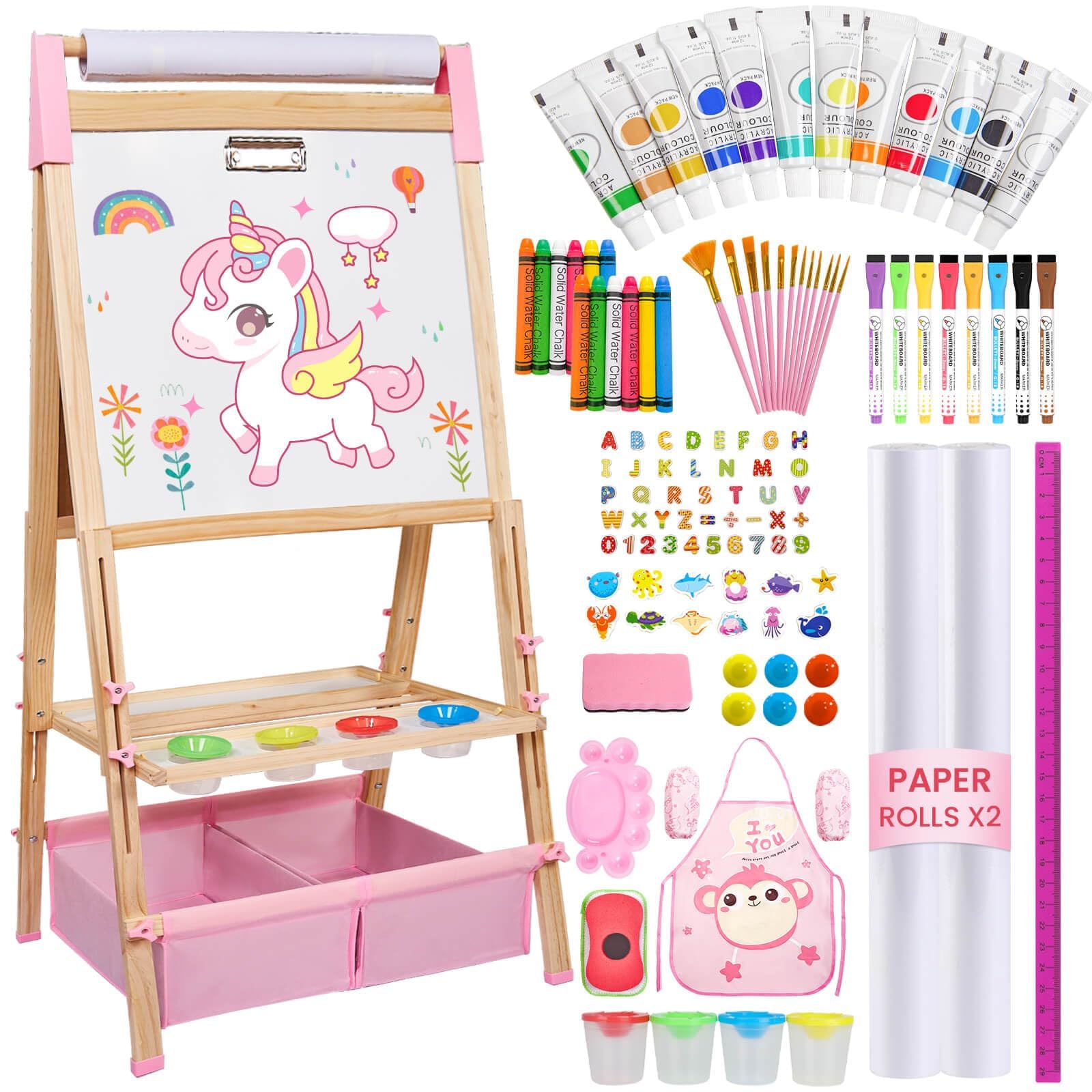 Easel for Kids,Adjustable Wooden Art Easel for Kids,119+ Art Supplies,Double Sided Magnetic Chalkboard and White Board Whit Storage Basket,Drawing and Painting for Aged 2-4,5-7,8-12,2 Paper Rolls Pink Easel for Kids