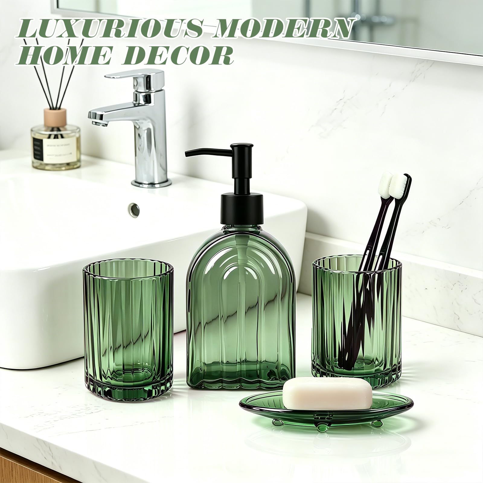 Badezimmer Set of 4 – 400ml Seifenspender, 2 Zahnputzbechern & Seifenschale | Grün Bad Zubehör Set, Badezimmer Organizer für Zahnbürsten&Wattestäbchen, Regenbogen-Muster, Edle Badezimmer Deko