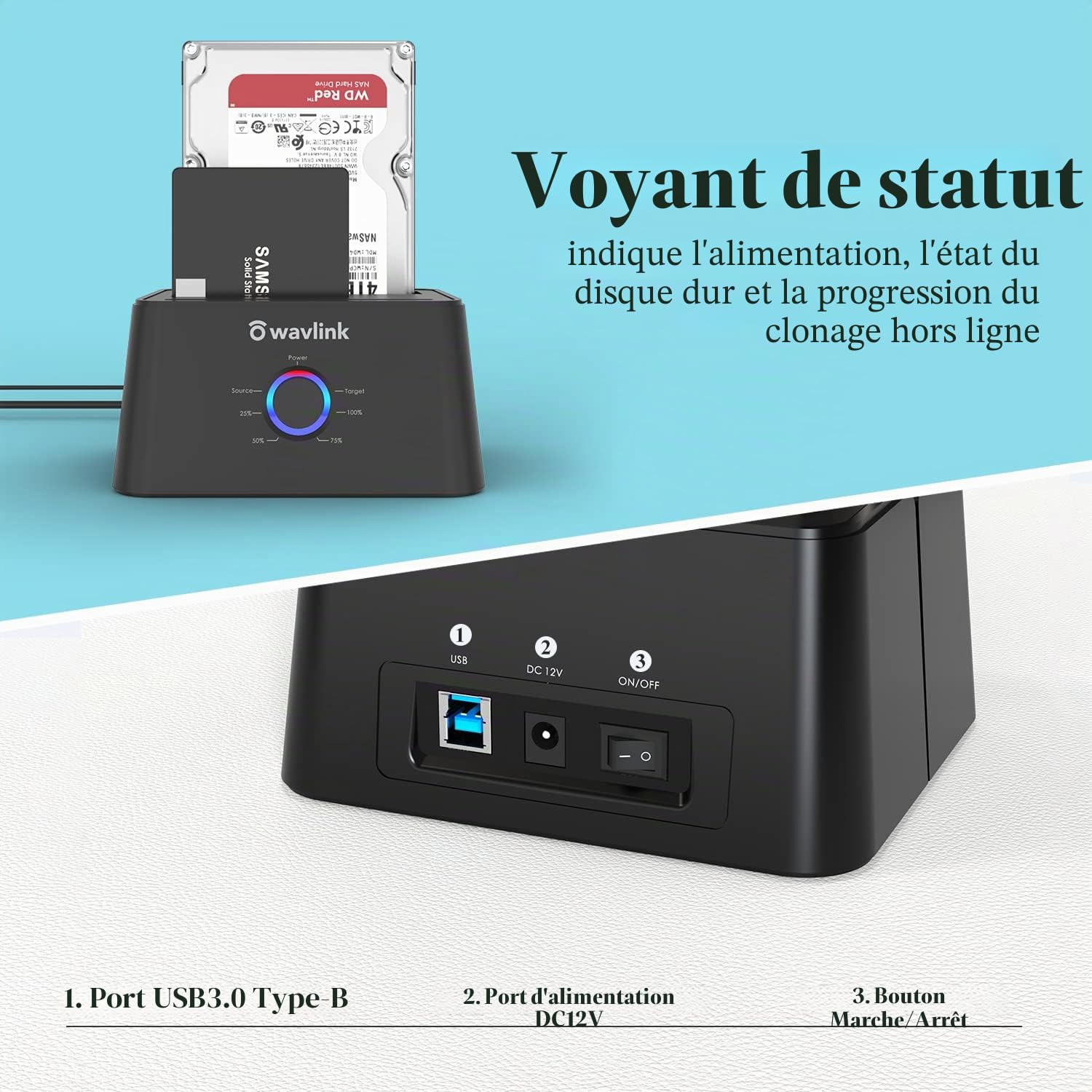 WAVLINK Station d'accueil USB 3.0 vers SATA Double Baie pour Disque Dur SATA 2,5" et 3,5" SATA et SSD, UASP optimisé et Prend en Charge la Fonction de clonage Hors Ligne