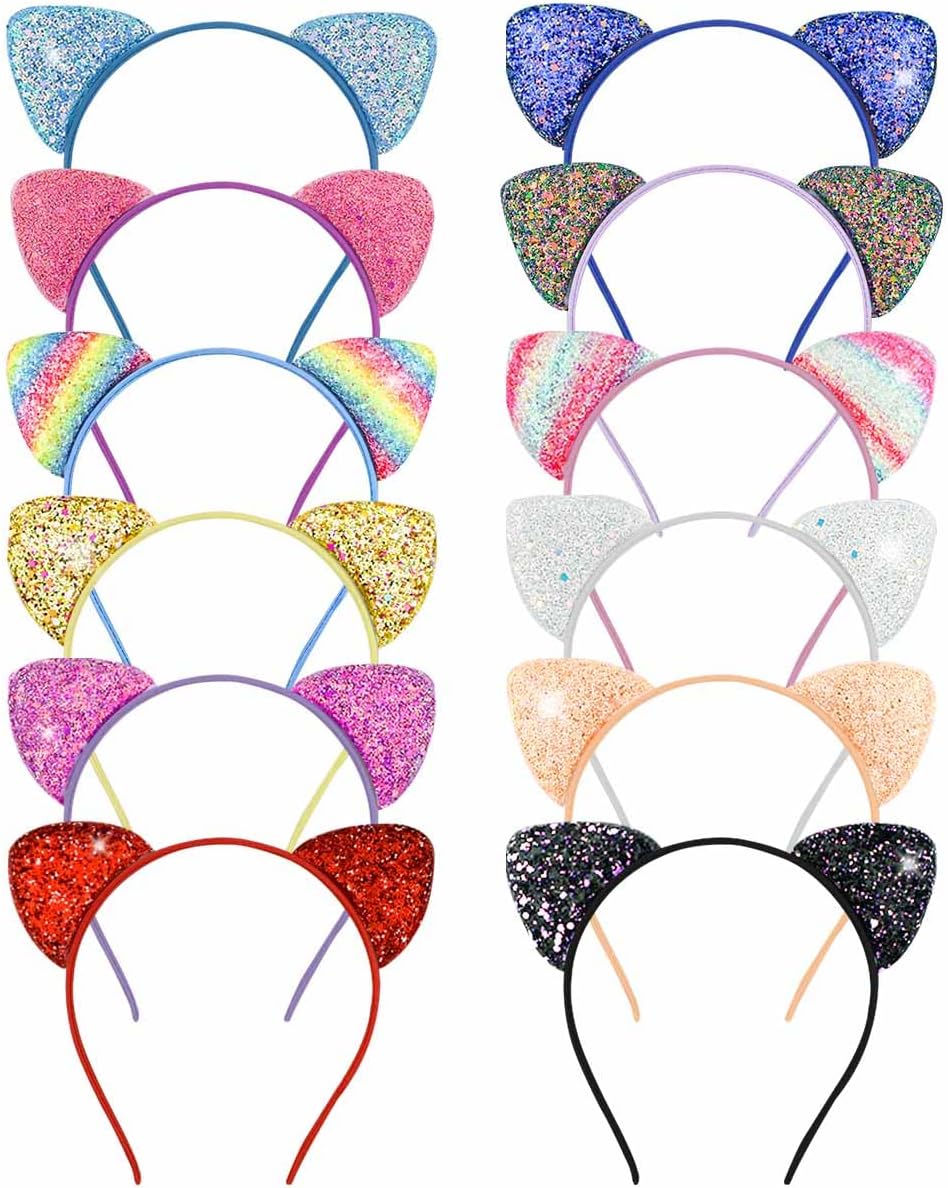 12 Pack Glitter Headbands with Sequin Cat Ears for Girls and Women - Cute Hair Accessories for Daily Wear and Party Decoration (Multicolor)