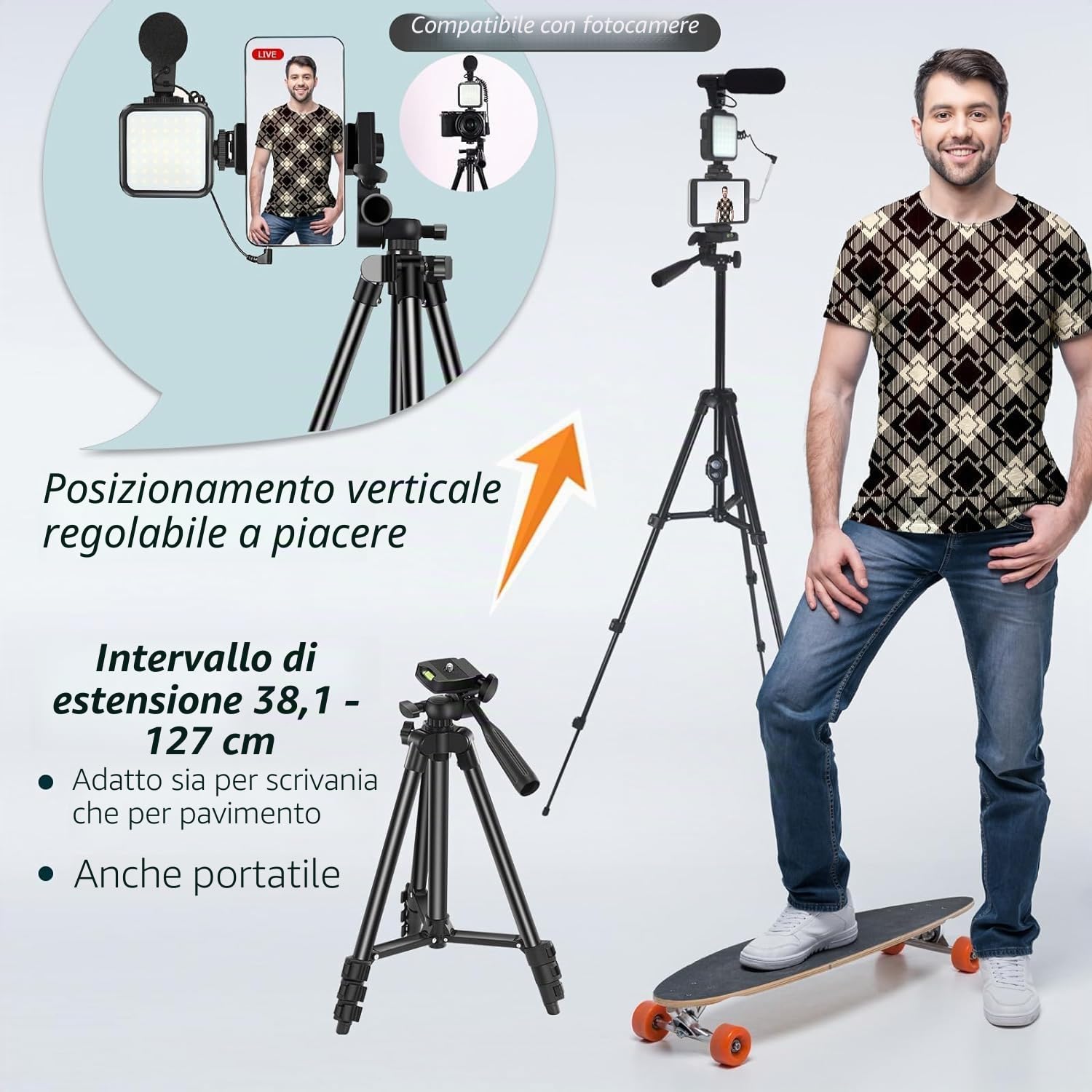 Kit per vlogging su YouTube, per iPhone/Androidphone/telecamere Supporto per telefono per registrazione video con treppiede estensibile/microfono/luce di riempimento/telecomando di cattura