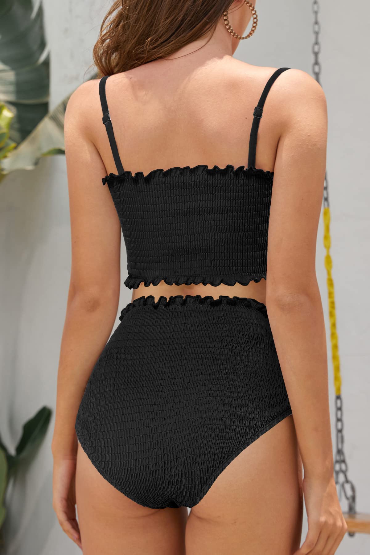 SHEKINI Femmes Bikini Set Texture ombilical Bandeau Bikini Tops Taille Haute Abdominale Bikini undermount plissé Deux pièces Maillots de Bain (Noir, Medium)