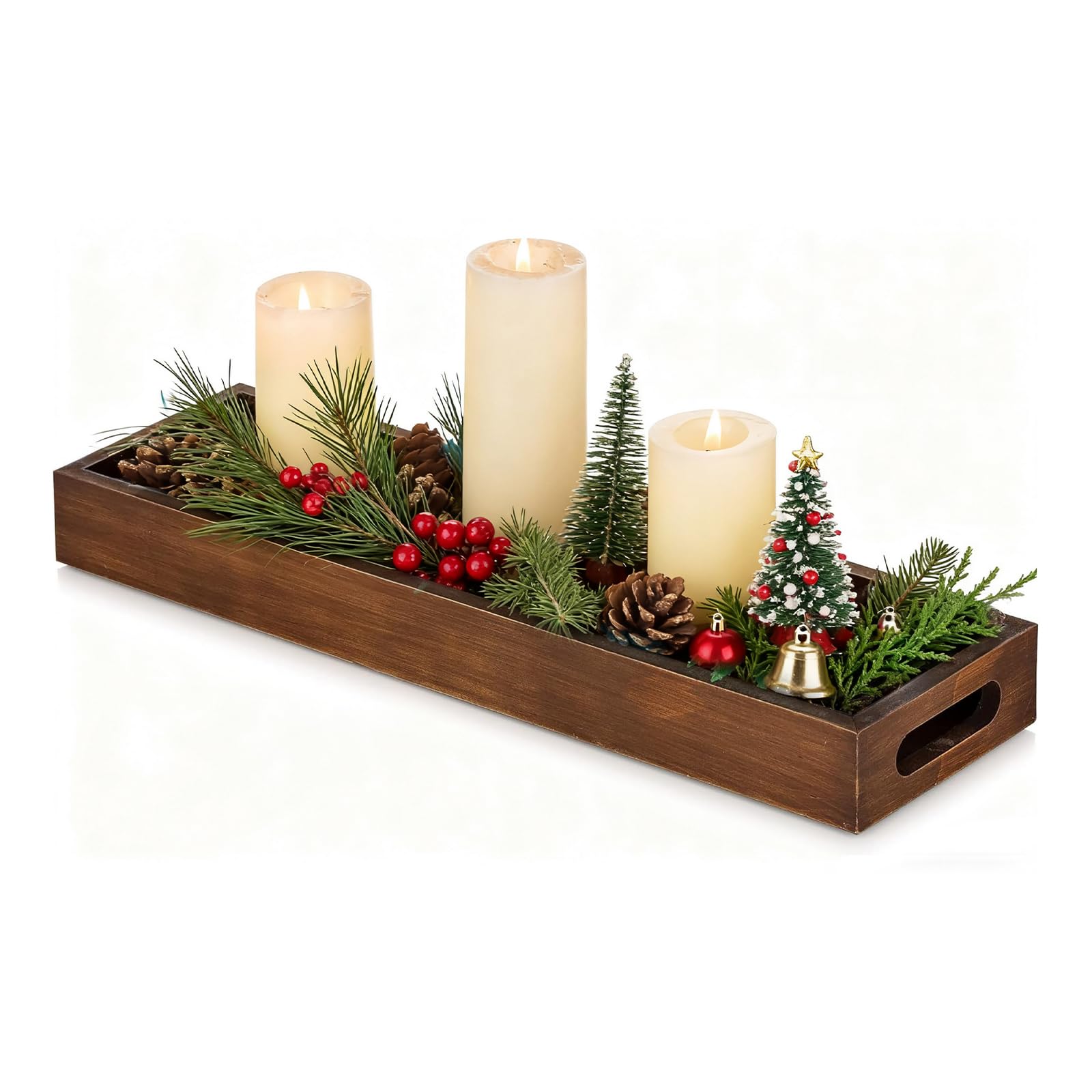 Hanobe Rectangular Long Narrow Tray: Rustic Wooden Decorative Serving Centerpiece Trays Decor Rectangle with Cutout Handles Candle Holder, Brown, 40 x 12cm (BHCF0897-heizong-1pc)