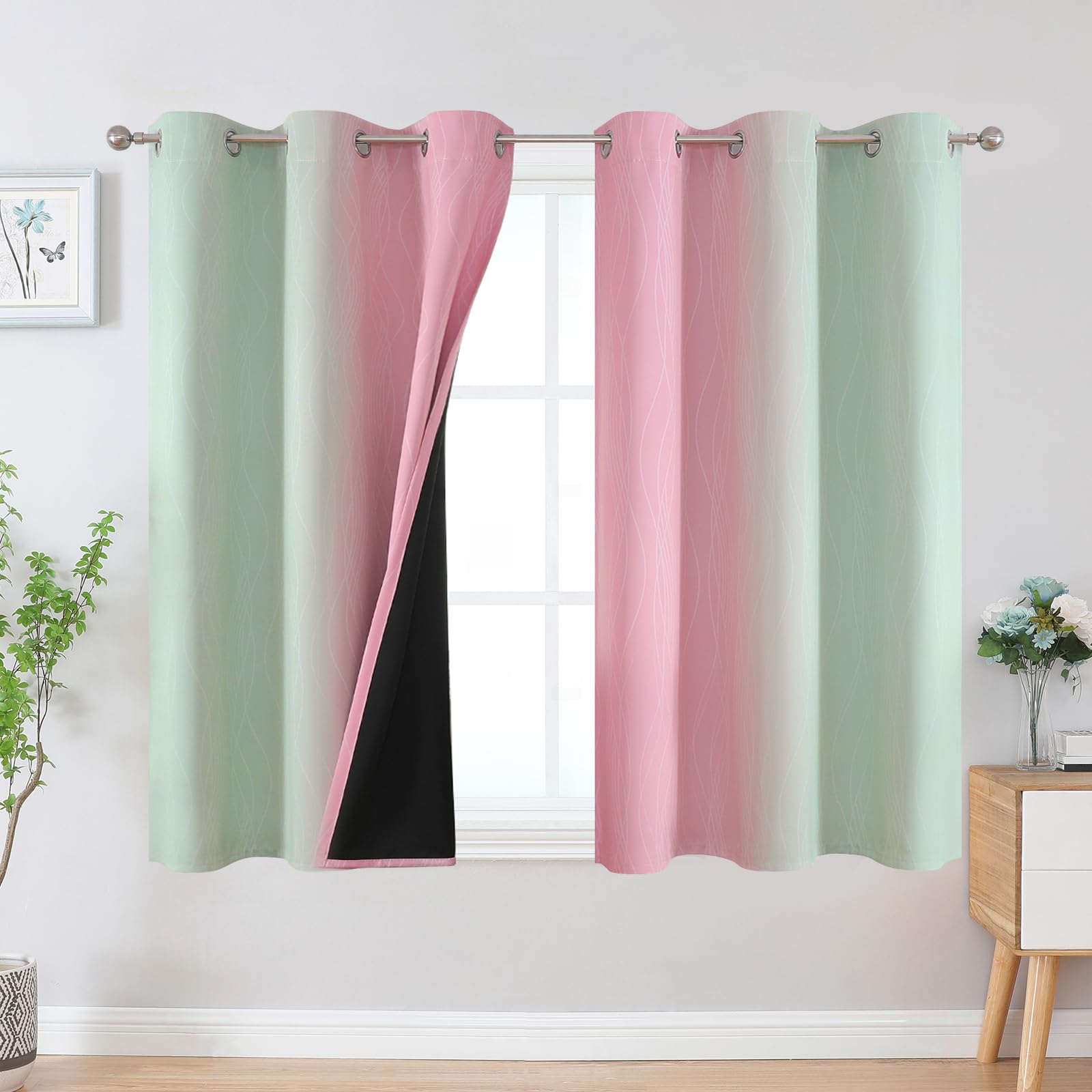 Estelar Textiler Pink and Sage Green Ombre Blackout Curtains 45 Inch Length 2 Panels, Full Room Darkening Gradient Drapes for Bedroom, Thermal Insulated Grommet Short Curtains for Bathroom, 42Wx45L