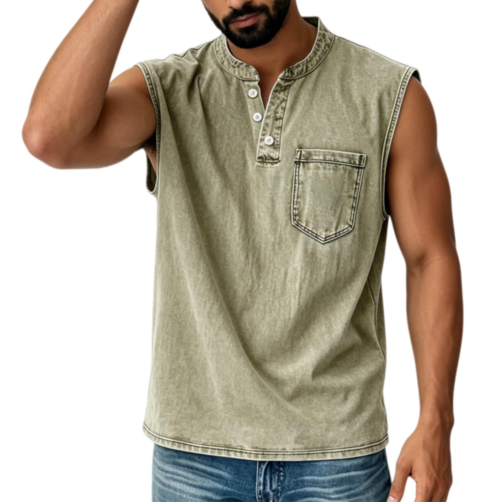 Camiseta sin Mangas para Hombre con Cuello Henley y Corte cómodo, Ideal para Entrenamientos y sesiones Deportivas, con Bolsillos.