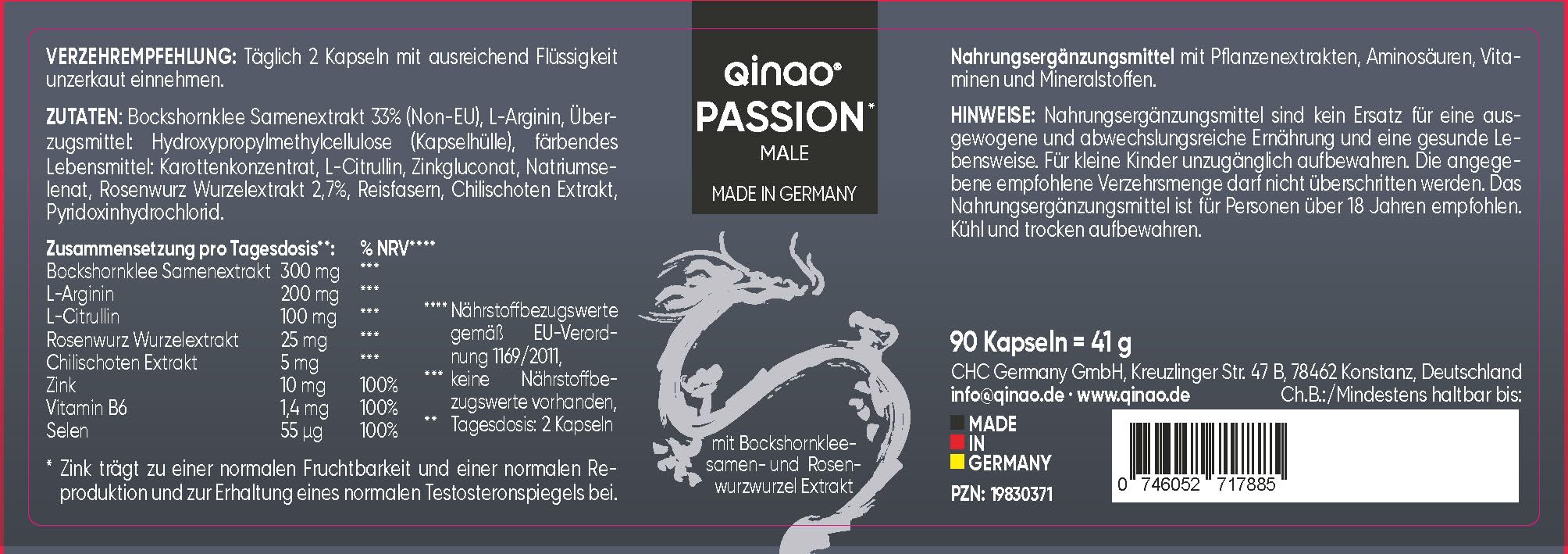 PASSION MALE – Komplex mit L Arginin, Citrullin & Bockshornklee – Mit Zink & Selen für den Erhalt eines normalen Testosteronspiegels – 90 Vegane Kapseln – Ohne künstliche Zusätze