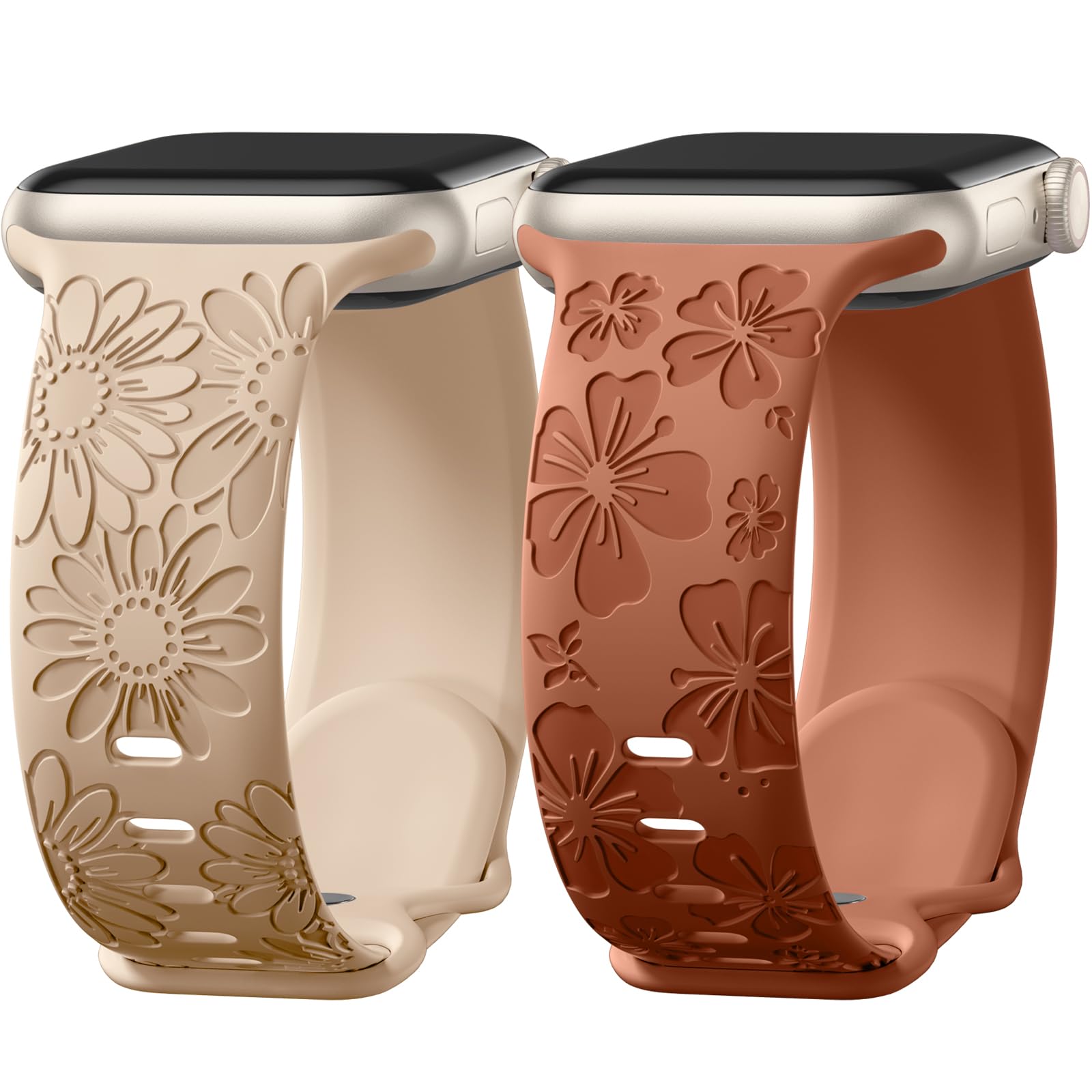 Easuny 2 Pack Floral Engraved Bands Compatible with Apple Watch Bands for Women 40mm 41mm 38mm 42mm 44mm 45mm 46mm 49mm, Soft Silicone Cute Flower Design Sport Strap for iWatch Series 10-1 SE Ultra 2