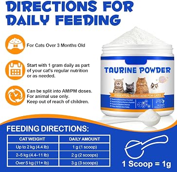 Taurine for Cats – Essential Amino Acid Powder Supplement – Taurine Powder for Cats Helps Maintain Normal Heart & Eye Function – High Purity (99%+) Formula for Kittens, Adult & Senior Cats,200g