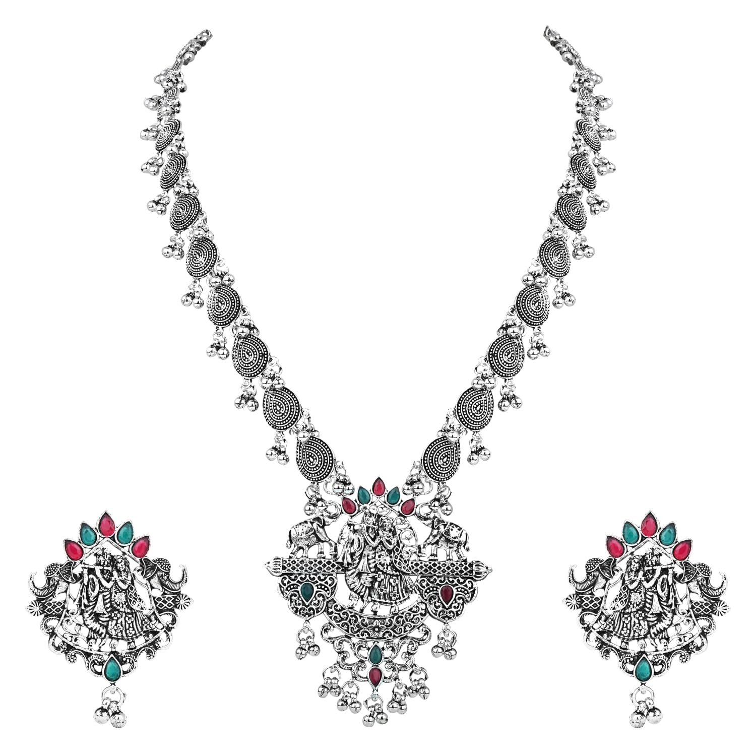 Indian Festive Navratri Ethnic Silver Oxidised Long Necklace Jewellery With Earrings Set For Women