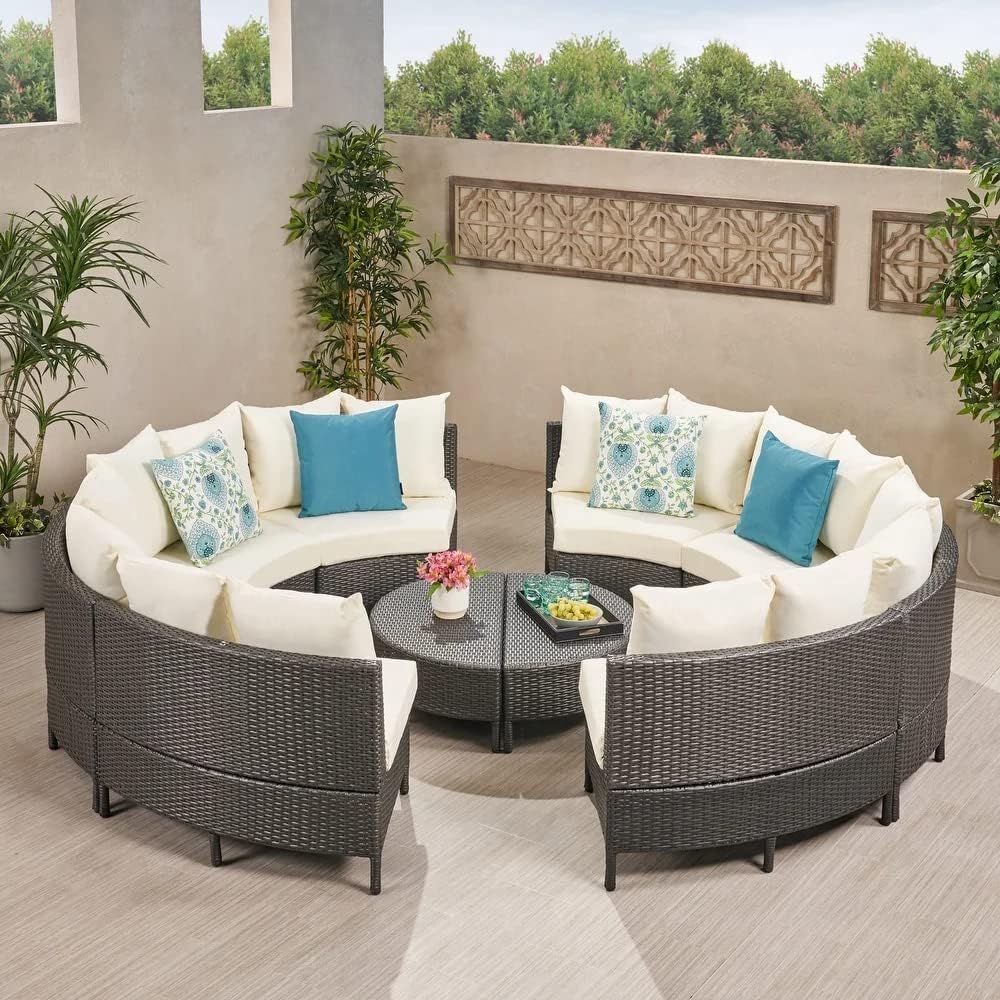 Unique Design in Oval Shape Outdoor Patio HDPE Rattan Wicker Furniture 10 Pcs Set Sectional with Table for Garden, Backyard.(Dark Brown and Cream Color)-image-36