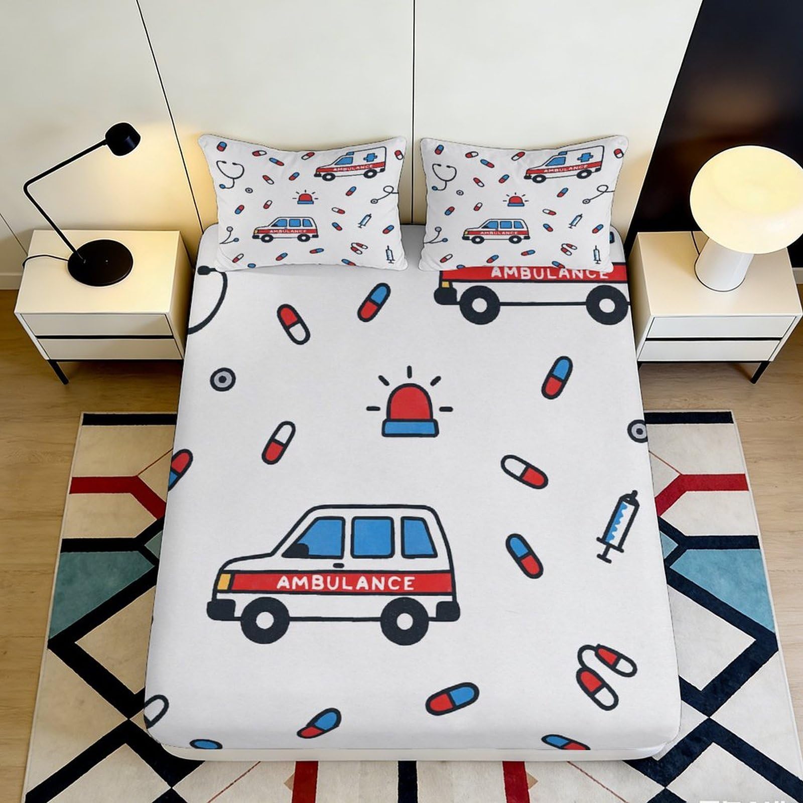 3D Printed Ambulance Cartoon Fitted Sheet Microfiber Soft Breathable Medicine Pattern Bed Cover for Bedroom Guest Room Decor 90x200x25cm