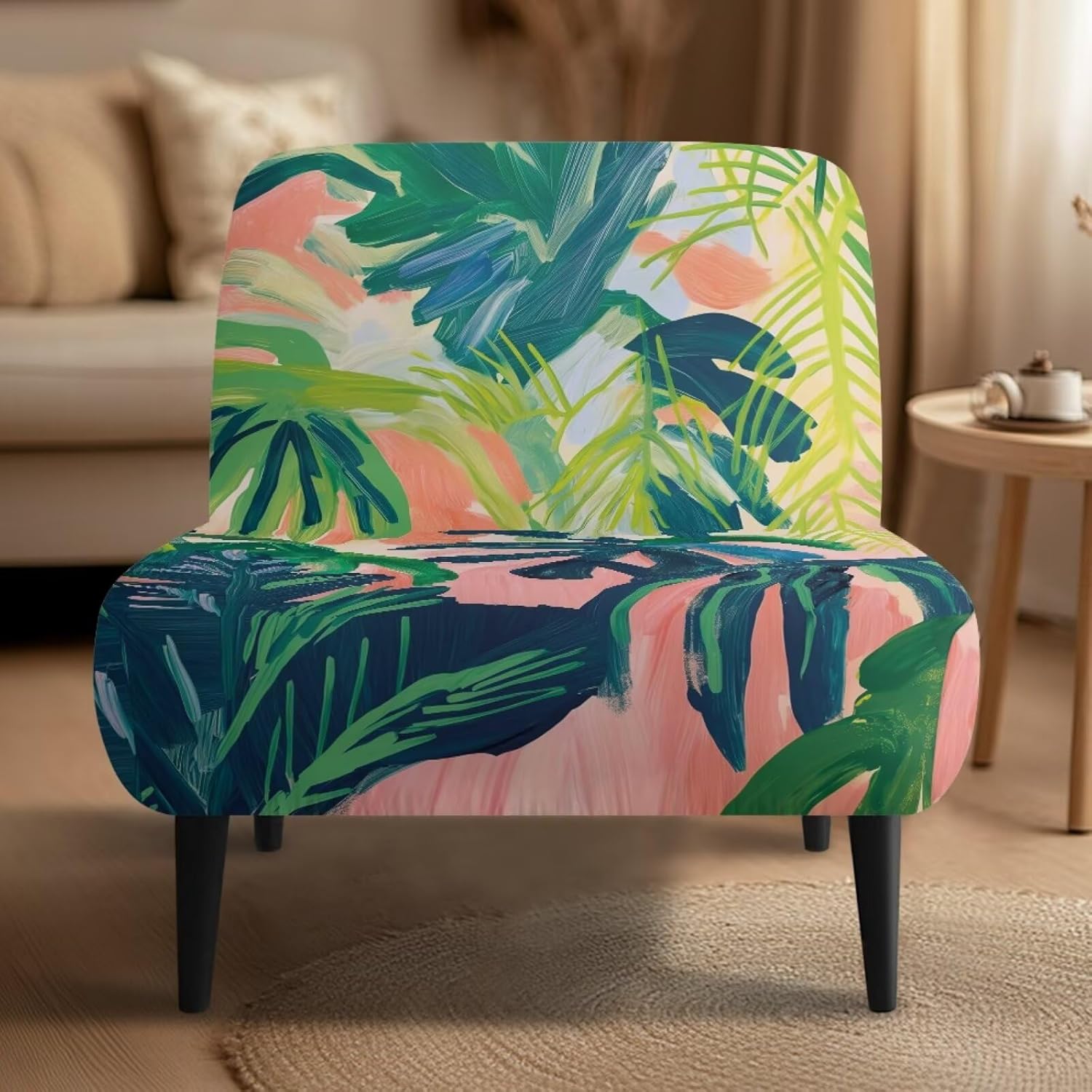 Pink Palm Leaf Print Accent Chair Without Arms, Non-Slip Wingback Chair Sofa Slipcover and Removable Furniture Protector Covers, Washable Armless Accent Chair Cover for Chairs