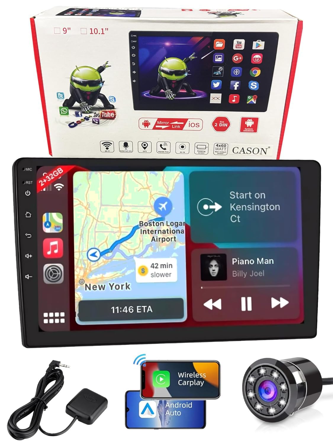 Cason 9 Inch Car Stereo Android System with Touch Screen |Car Android Player with CarPlay and Wireless Android Auto Bluetooth/Cooling Fan/Steering Wheel Control+ Rear Camera -Suitable for All