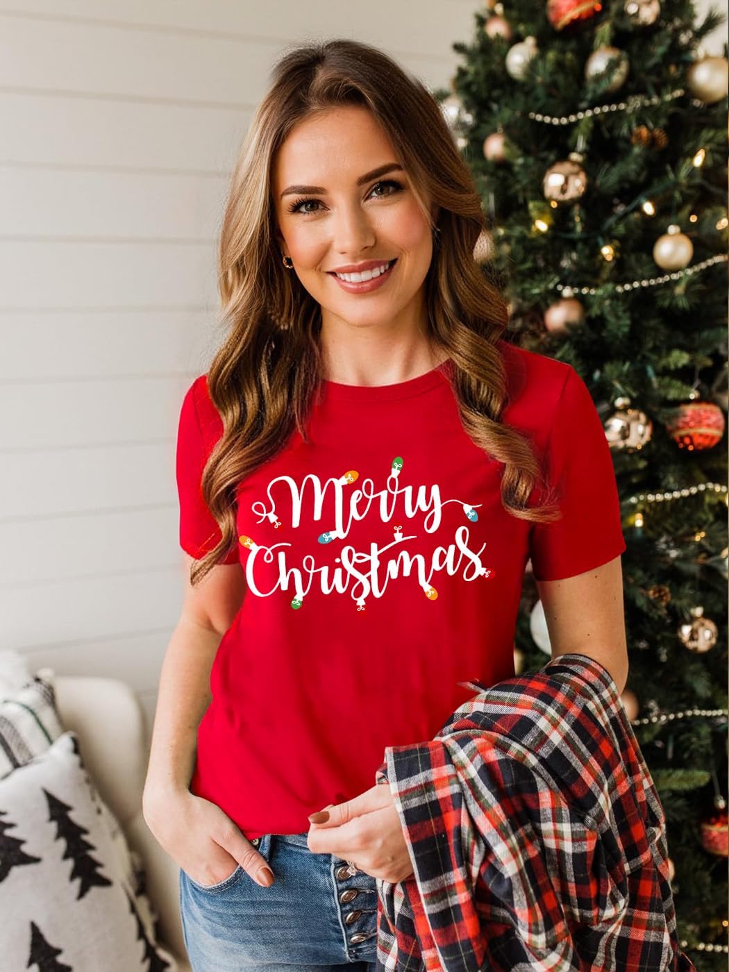 Christmas Shirts for Women:Red Christmas Tshirts Xmas Shirt Plaid Santa Snowman Graphic Short Sleeve Casual Top - Image 4