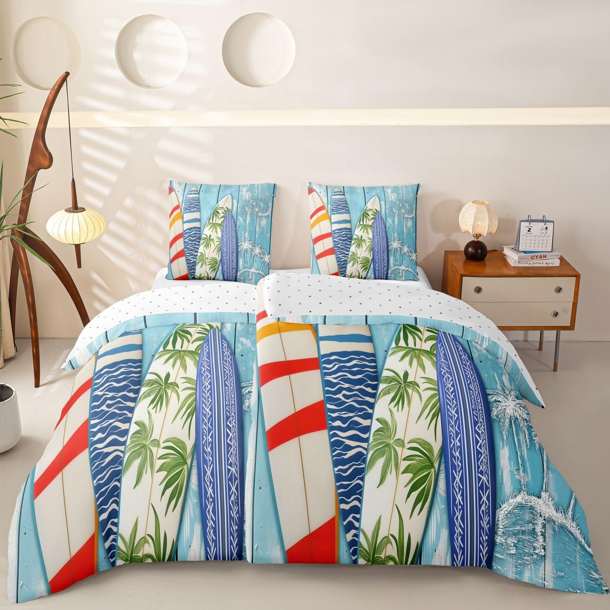 Homewish Tropisches Surfbrett Microfaser Bettwäsche 135x200 4teilig | Holzplanke Bettbezug Palme Strand Küste Bettwäsche Set Coole Kokosnuss Saft Bettset Weich