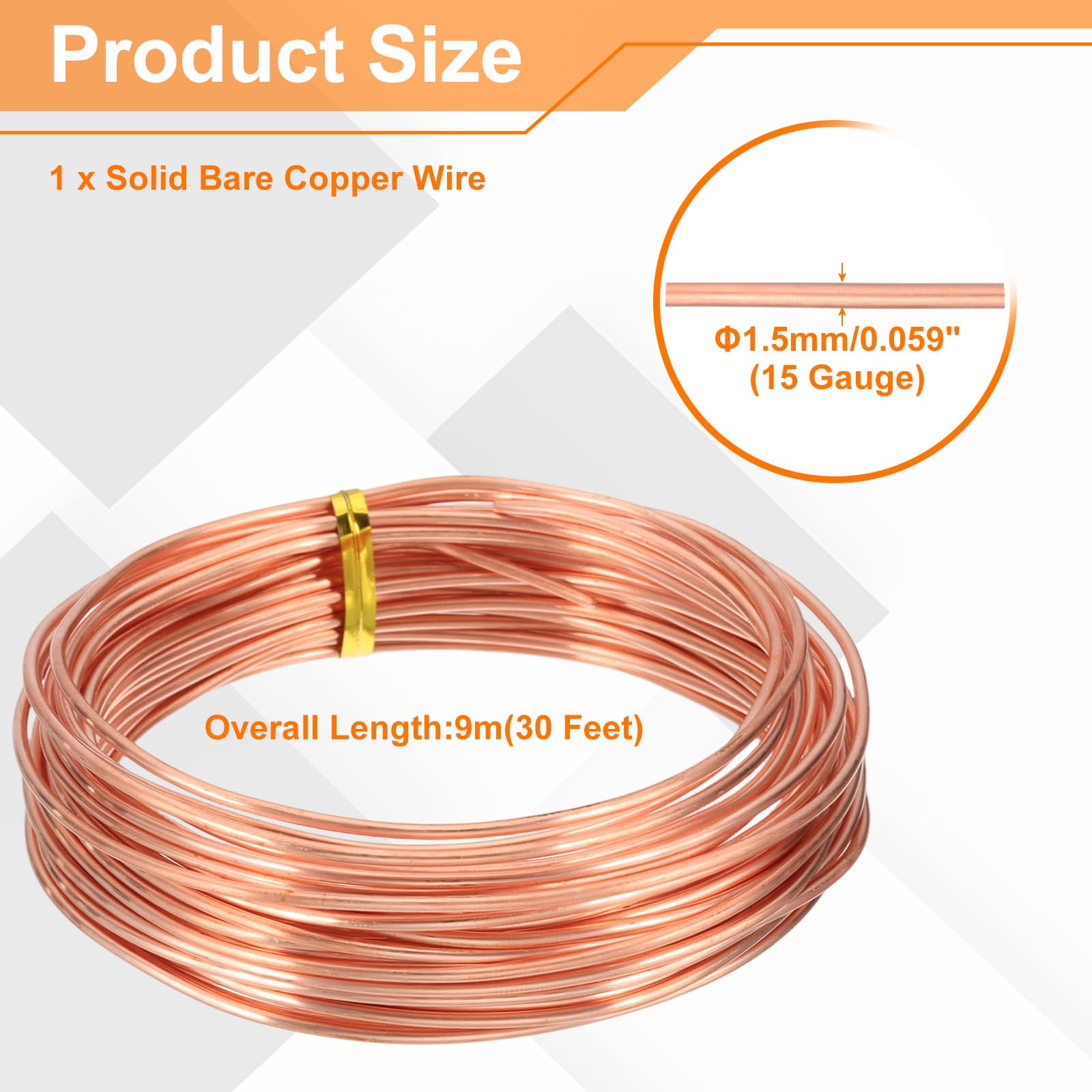 QUARKZMAN 99.9% Filo Di Rame Solido Nudo, Filo Di Rame Puro Morbido 30 Piedi 15 Gauge (1.5mm) Per Artigianato Creazione Di Gioielli Giardinaggio Elettrocoltura (9m)
