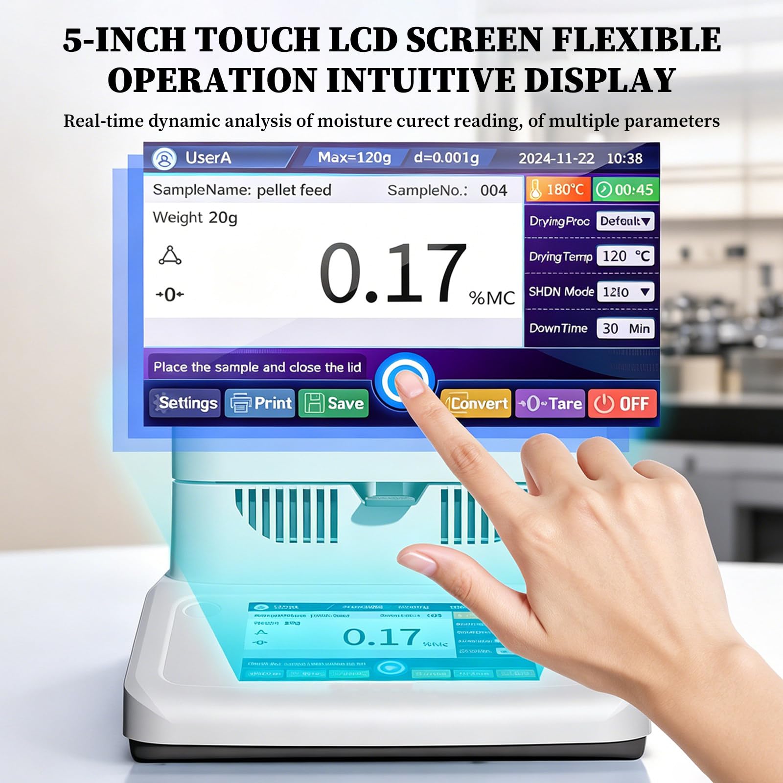 Digitaler Feuchtebestimmer, Halogen-Feuchtebestimmer, Hohe Genauigkeit 0,001 G, hocheffiziente Halogenlampenheizung, für Gummi/Tee/Getreide/Lebensmittel Accuracy0.005g