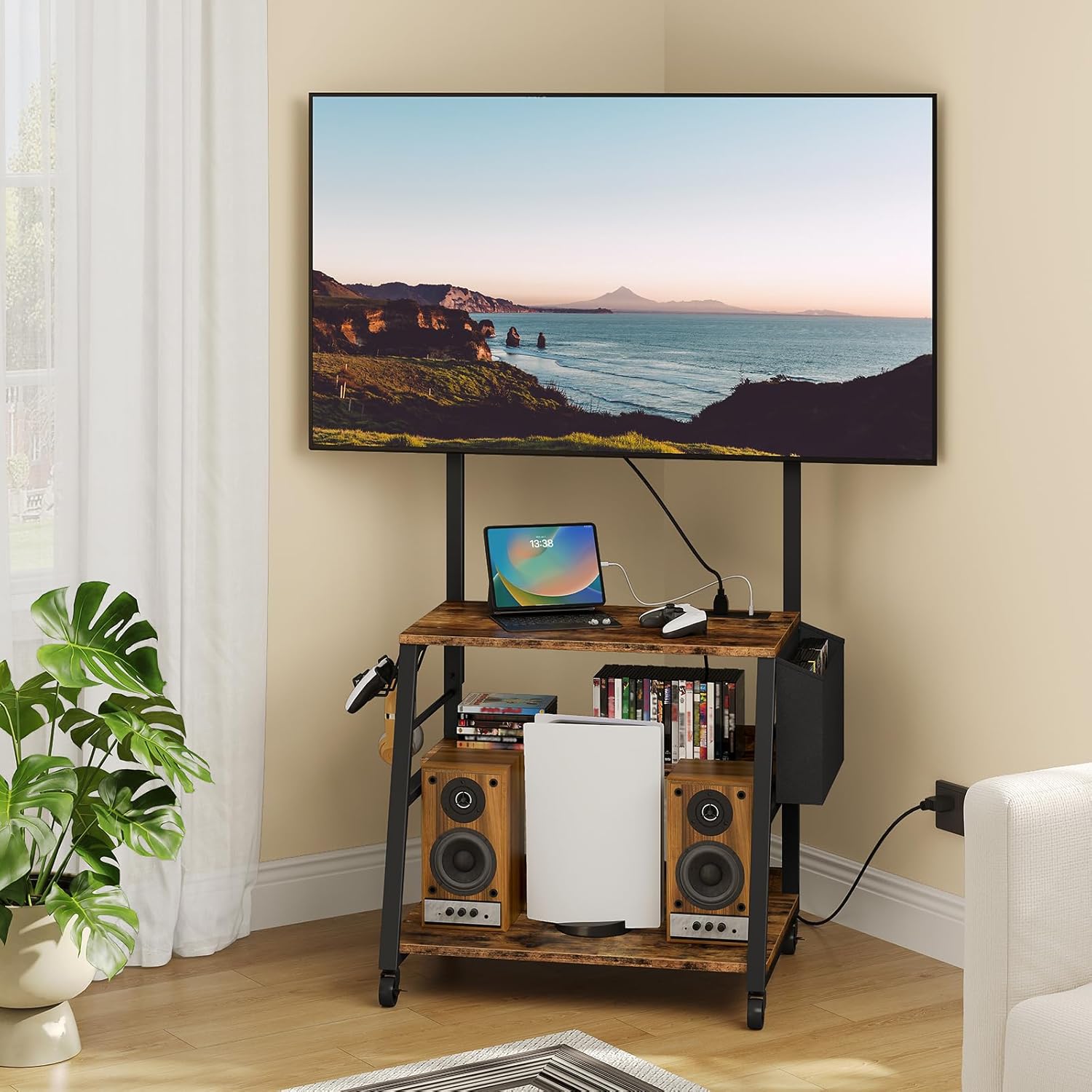 Mobile TV Stand with Charging Station, Adjustable Mount and Wheels, Rolling TV Console Table, Entertainment Center, for up to 75 inch TVs, 3-Tier Storage Shelf, Rustic Brown and Black TDS03UBF