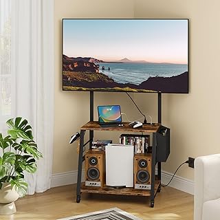 Mobile TV Stand with Charging Station, Adjustable Mount and Wheels, Roll...