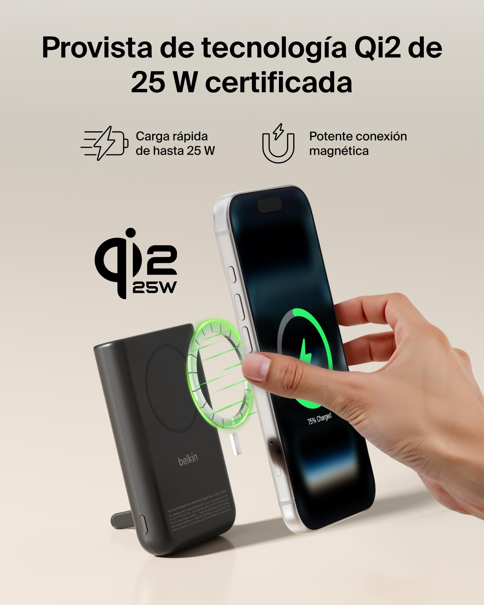 Belkin BoostCharge Batería Externa Magnética 10000 mAh con Soporte - Negro | Power Bank de 10000 mAh, Anillo Magnético, 1 Puerto USB-C, Cable Incluido, Apta como Equipaje de Mano, Batería Portátil