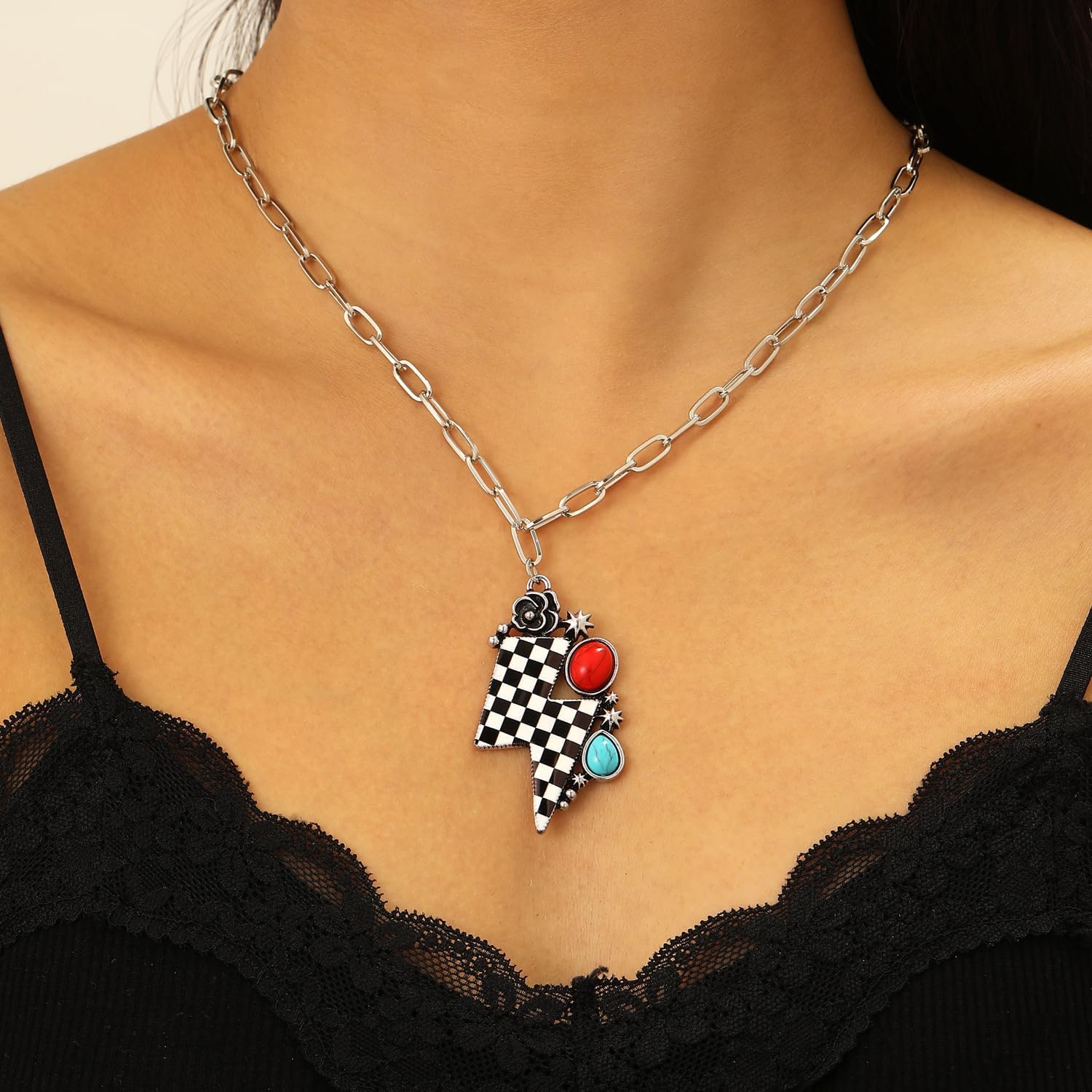 XAM Funny Western Cowgirl Necklace for Women Boho Vintage Checkerboard Lightning Western Necklaces Cowgirl Jewelry Accessories Gifts - Image 2