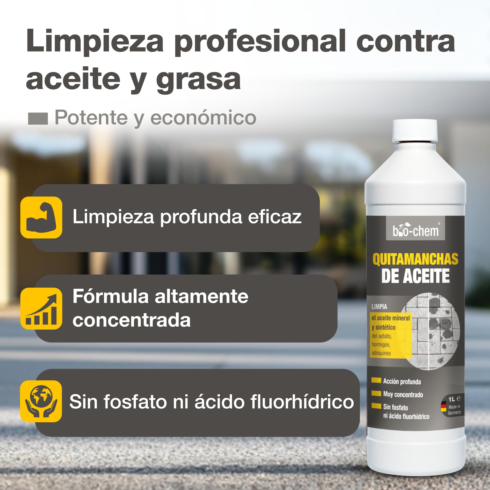 bio-chem Eliminador de Manchas de Aceite 3L, para piedra y hormigón | Quitamanchas Concentrado Biodegradable - Limpieza para adoquines, Asfalto - Limpiador Coche Garaje terrazo