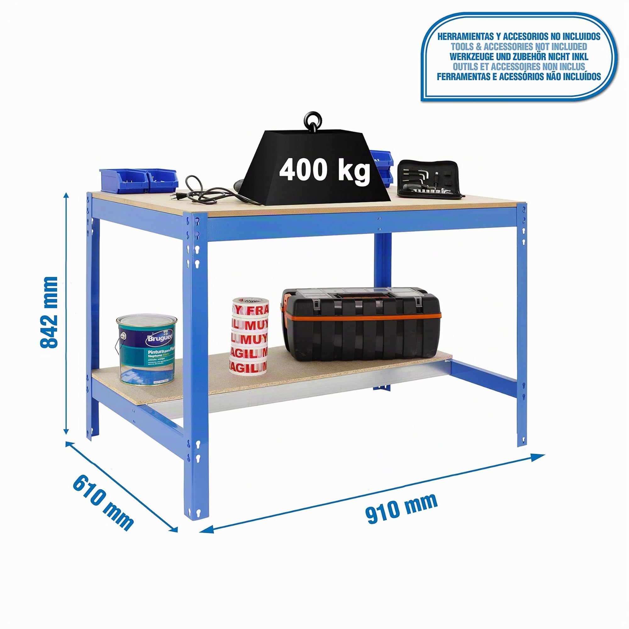 Simon Rack Etabli d’Atelier, Capacité de Charge 400 kg, 842x910x610 mm, Table de Travail Bricolage, Bleu/Bois - BT0