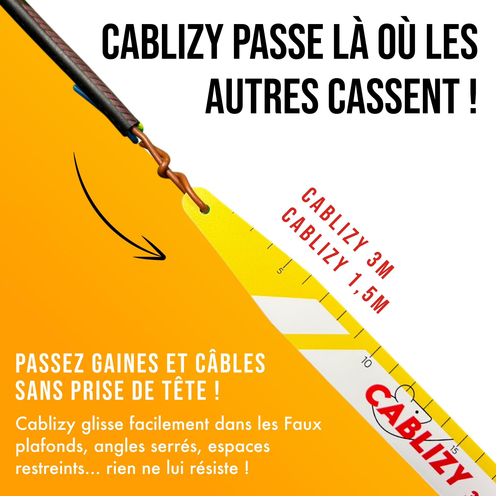 DUO - Aiguille Electricien Easygrip 3m + 1m50 – Passe Cable Mural Électricien - Tire Fil Flexible, Ultra-Résistant pour Passages Compliqués, Combles Murs, et Faux Plafonds - Made In France