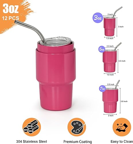 Miniatura 3 de Mini vaso de chupito de 3 onzas con popote y tapa, 12 vasos de chupito de sublimación, vasos de acero inoxidable en blanco, lindos vasos de chupito