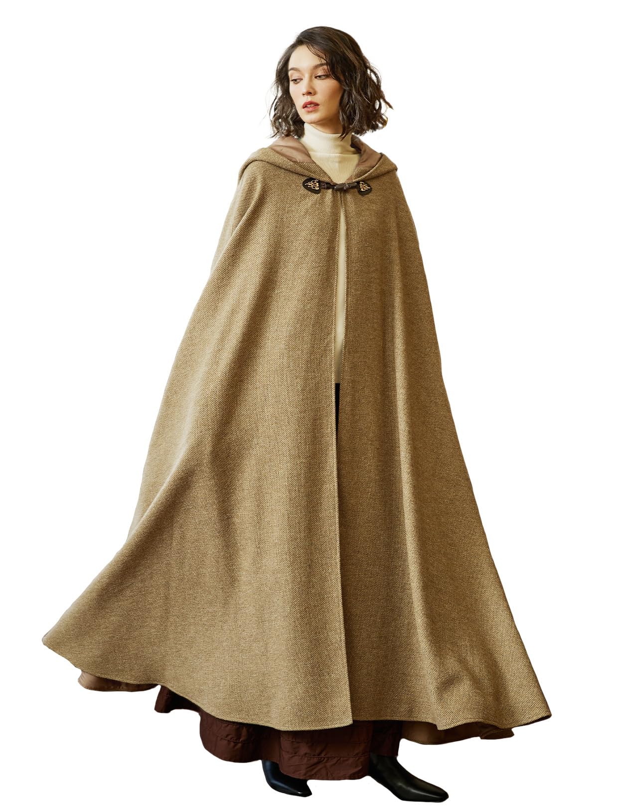 BEAUTELICATE Womens Hooded Cape Coat Unisex Wool Blend Cloak with Hood Oversize Vintage Poncho for Winter Fall Renaissance Medieval Halloween Christmas Cosplay Floor Length Jute Yellow