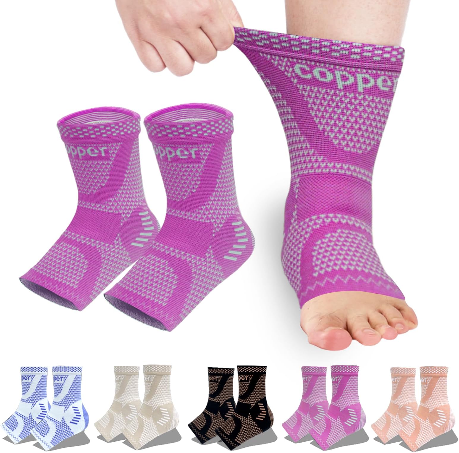 Copper Ankle Brace, Copper Infused Ankle Support Compression Sleeve for Men & Women, for Foot Pain Relief,Sprained Ankle, Achilles Tendonitis,Recovery, Daytime or Night Use(Purple L)