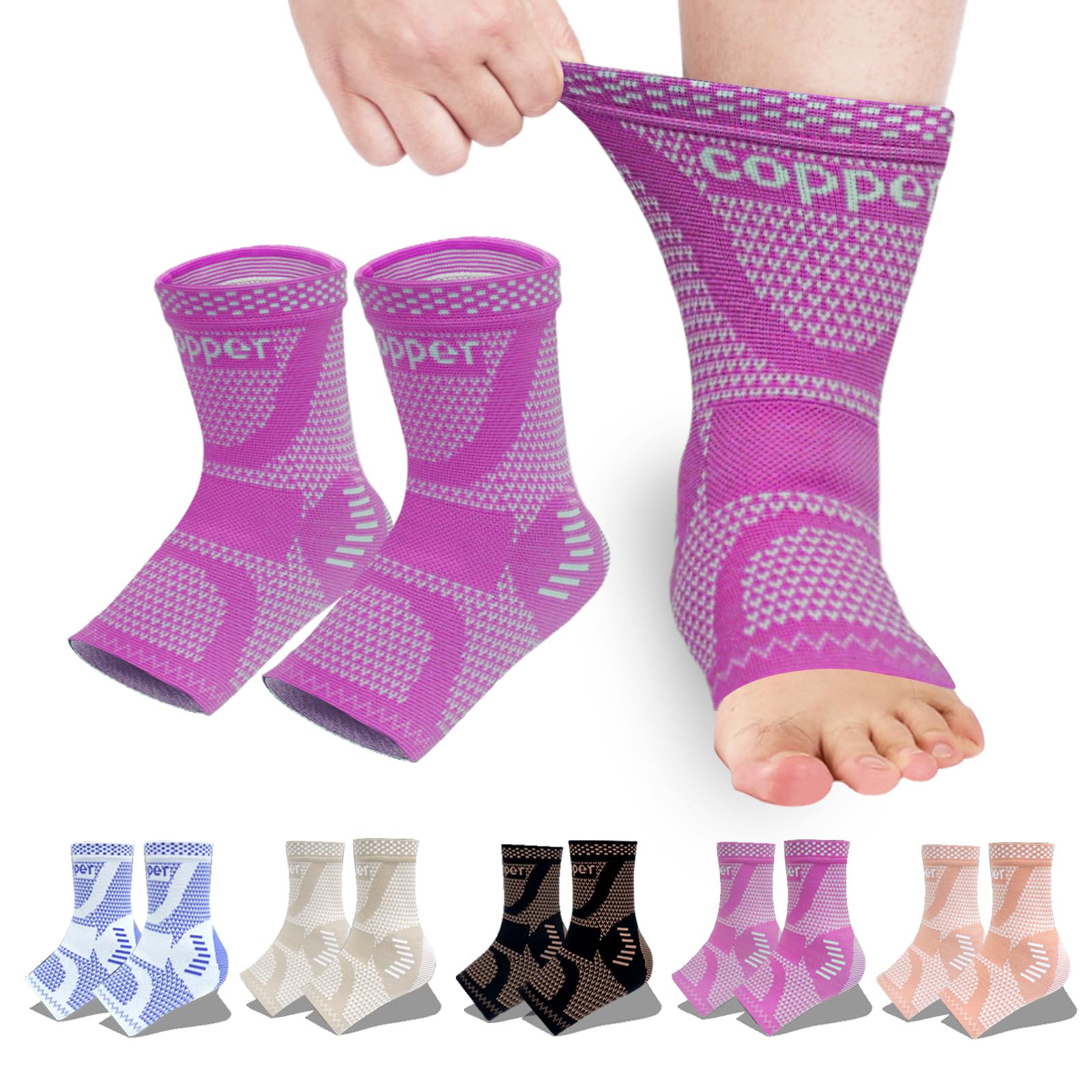 Copper Ankle Brace, Copper Infused Ankle Support Compression Sleeve for Men & Women, for Foot Pain Relief,Sprained Ankle, Achilles Tendonitis,Recovery, Daytime or Night Use(Purple L)