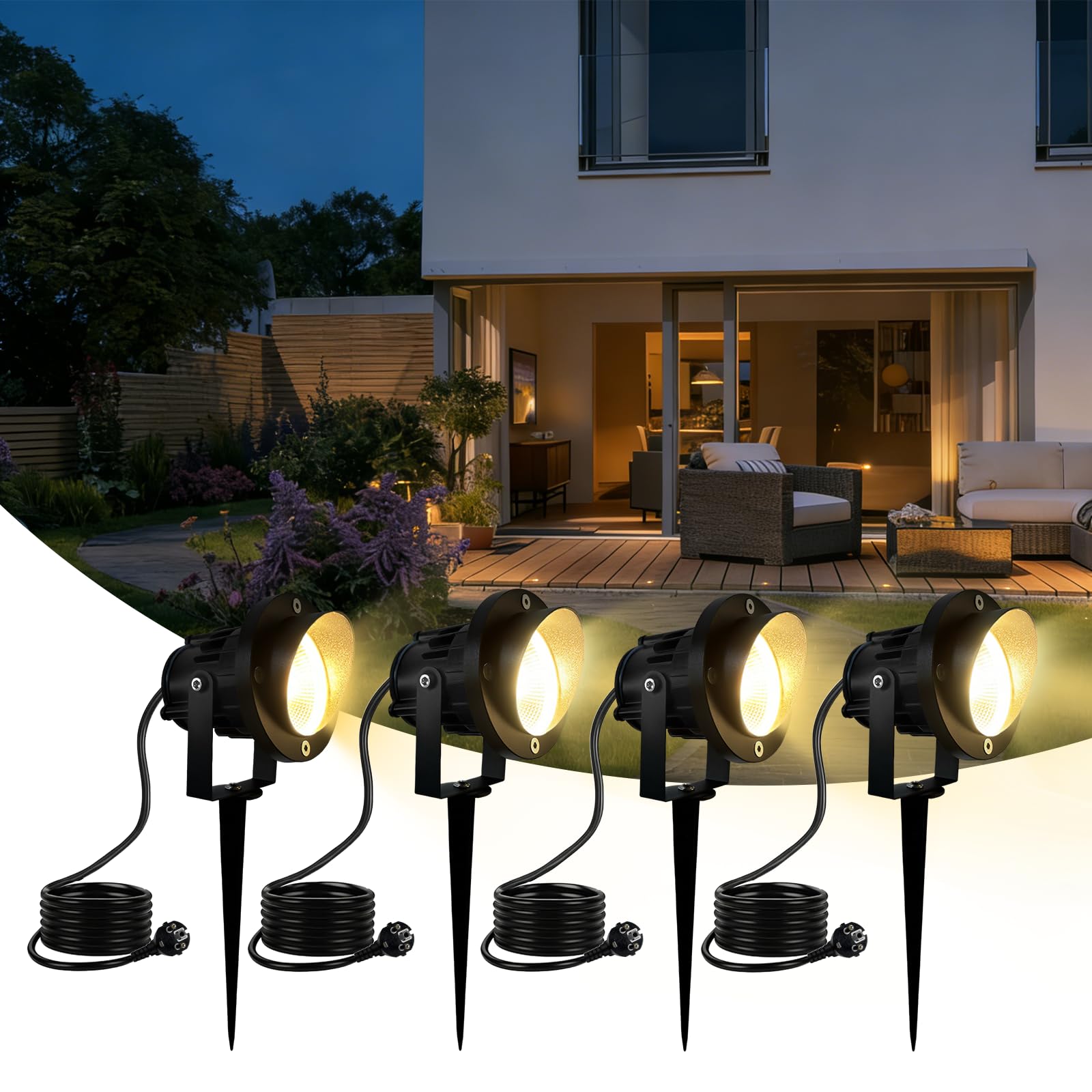4 Stück Gartenbeleuchtung LED mit Strom Warmweiß 10W LED Gartenstrahler mit Erdspieß IP65 Wasserdicht Gartenleuchte für Außen Garten Wegen Rasen Hof (1,5 m Kabel mit Stecker)