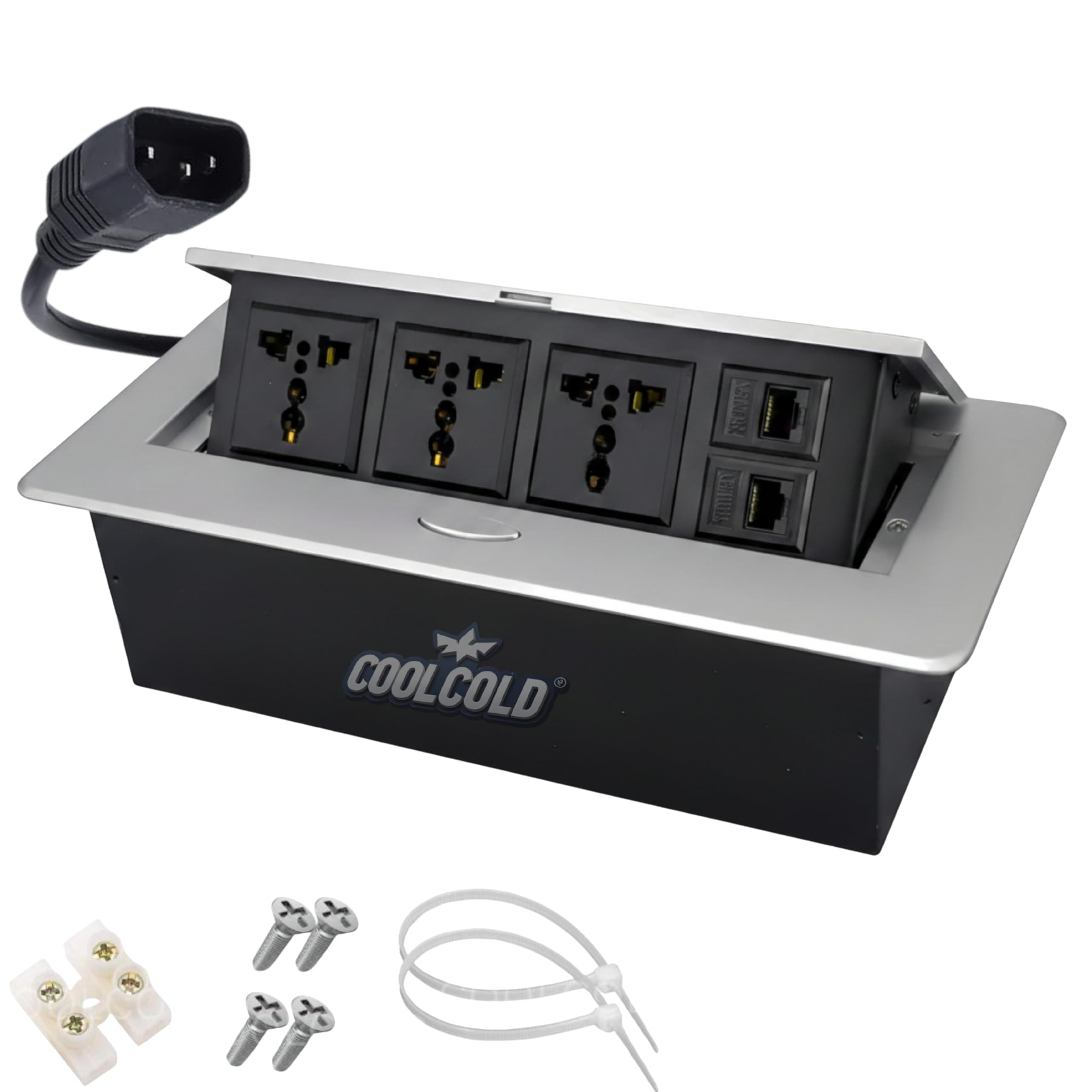 COOLCOLD Hydraulic Cable Cubby Pop Up, Cable Manager Box with 3 Power Outlets & 2 RJ45 LAN Ports | Flip-Top Hidden Desk Module for Office, Home & Conference Table | Space-Saving Flush Mount Design-image-46