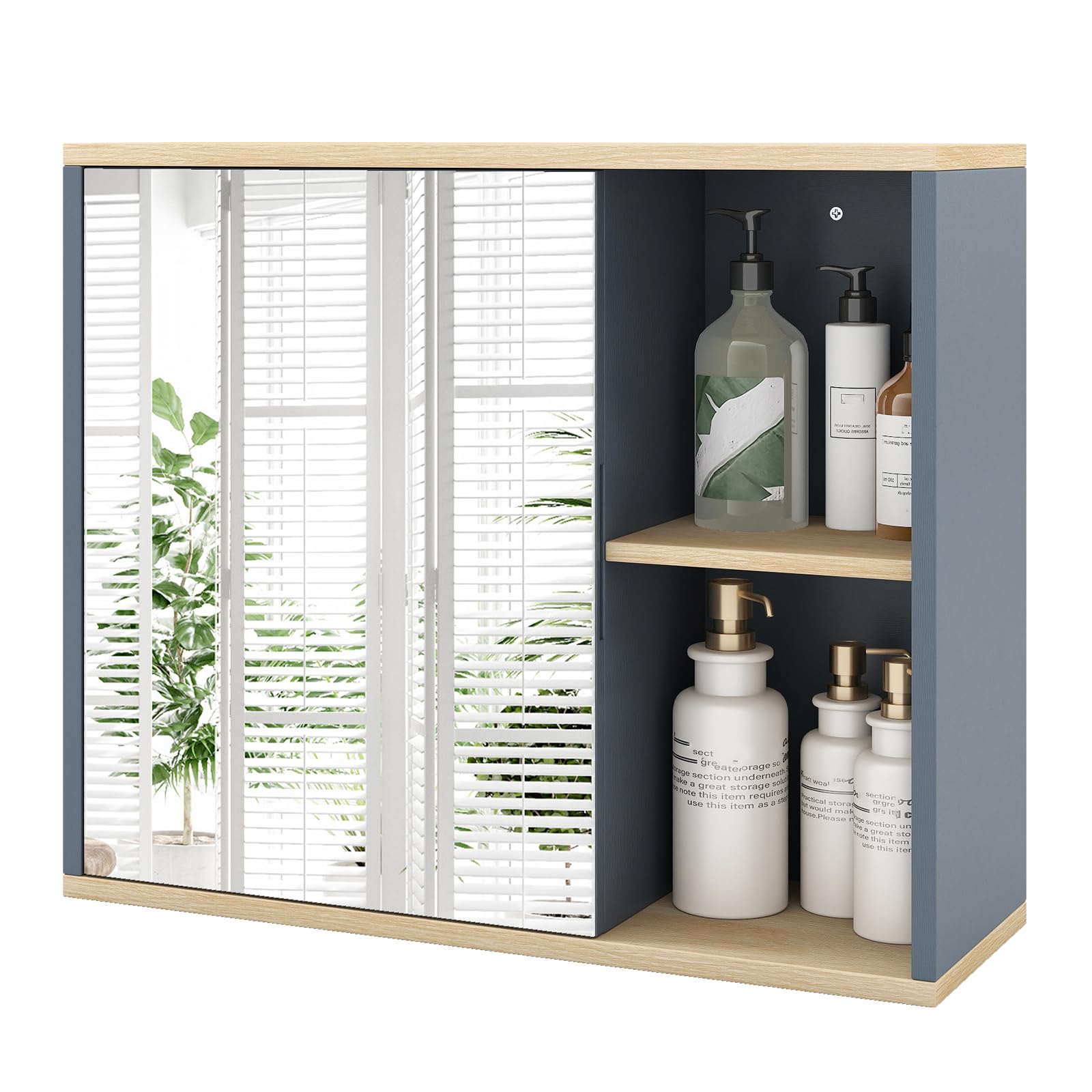 COSTWAY Szafka łazienkowa z lustrem, regulowana półka i 2 otwarte półki, szafka łazienkowa z lustrem, wisząca szafka łazienkowa, drewniana, 60 x 20 x 50 cm, szara