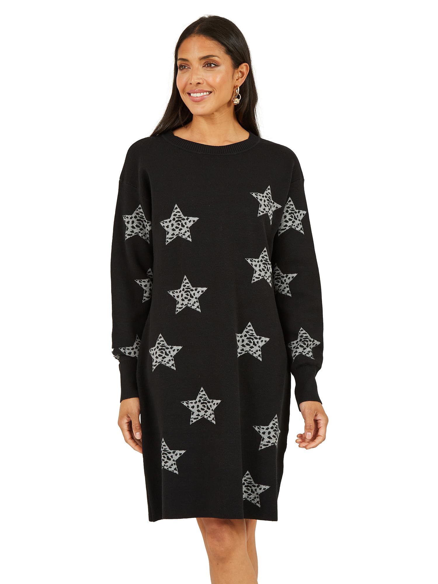 Yumi Black Star Print Relaxed Fit Tunic Dress Black L