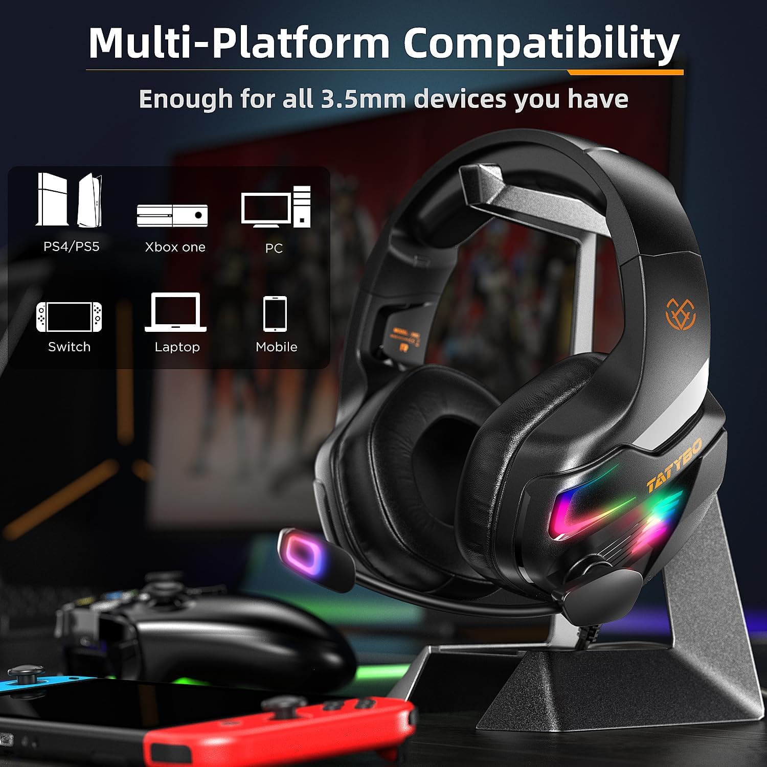 Cascos Gaming con Micrófono, Cascos con Nivel de Sonido Envolvente Rico, Orejeras Grandes y 4 Modo Luz RGB, Auriculares Gaming para Ps4 Ps5 PC Xboxone Switch
