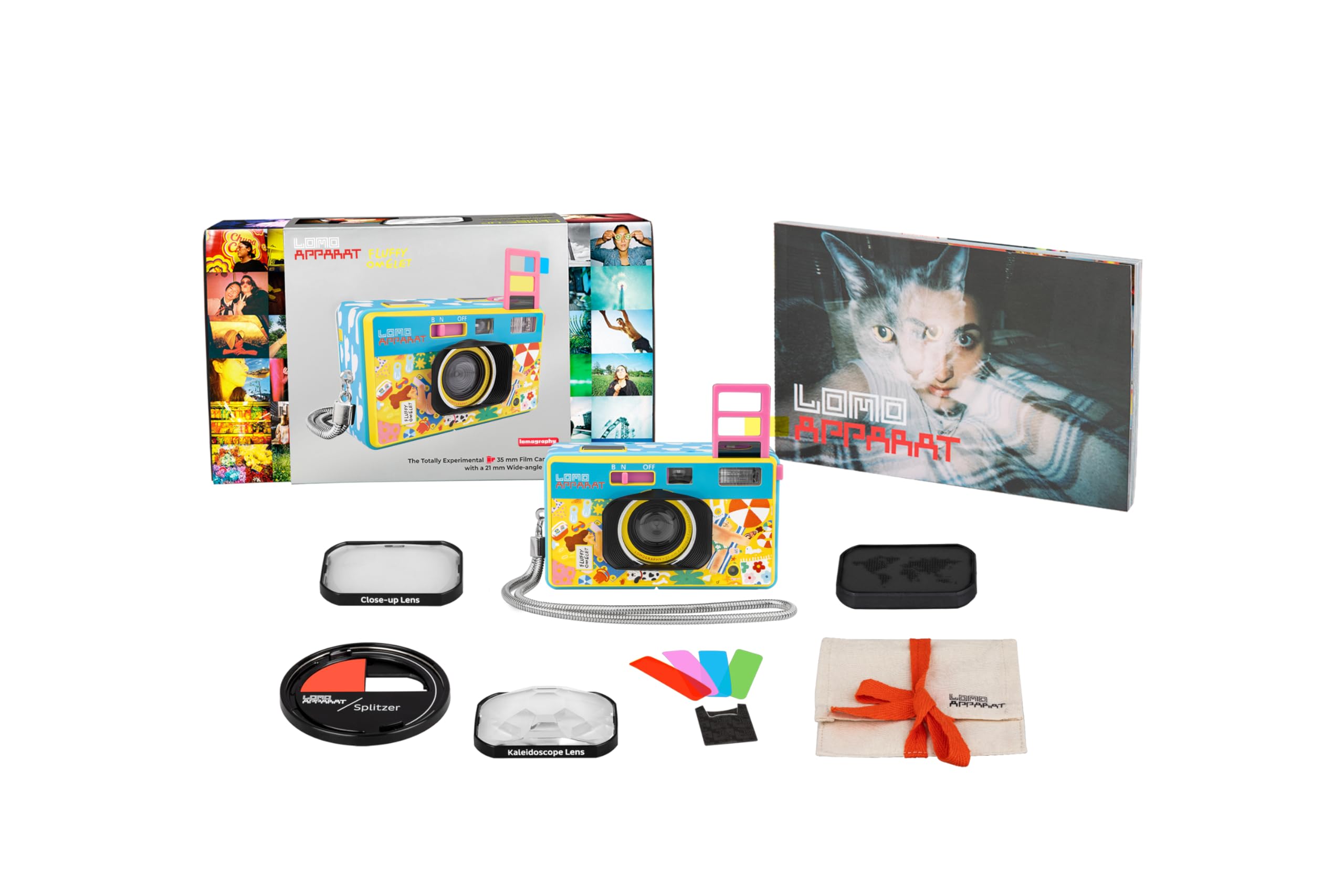 Lomography LomoApparat Wide-Angle 35mm Film Camera Fluffy Omelet Edition, Built-in Flash & Color Filters, Kaleidoscope Lens, Close-up Lens, Splitzer, Multiple Exposure, Long Exposure