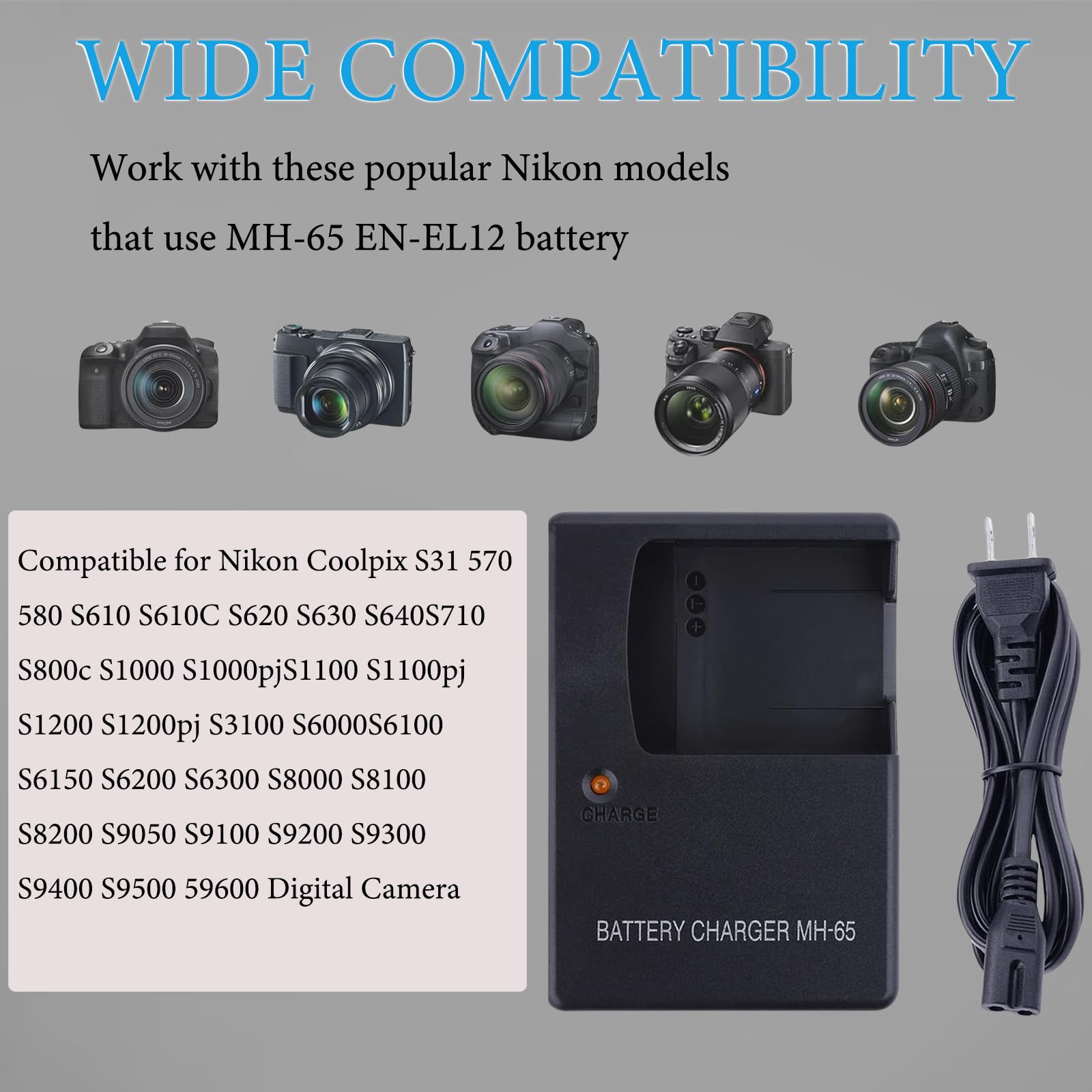 MH-65 Battery Charger for Nikon EN-EL12 Battery,Compatible with Nikon Coolpix A1000,B600,AW130, AW110,AW100,A900,W300,S1200pj,S9900,S9700,S9500,S9400,S9300,S8200,S6300,S6200, S6100,S800C Cameras
