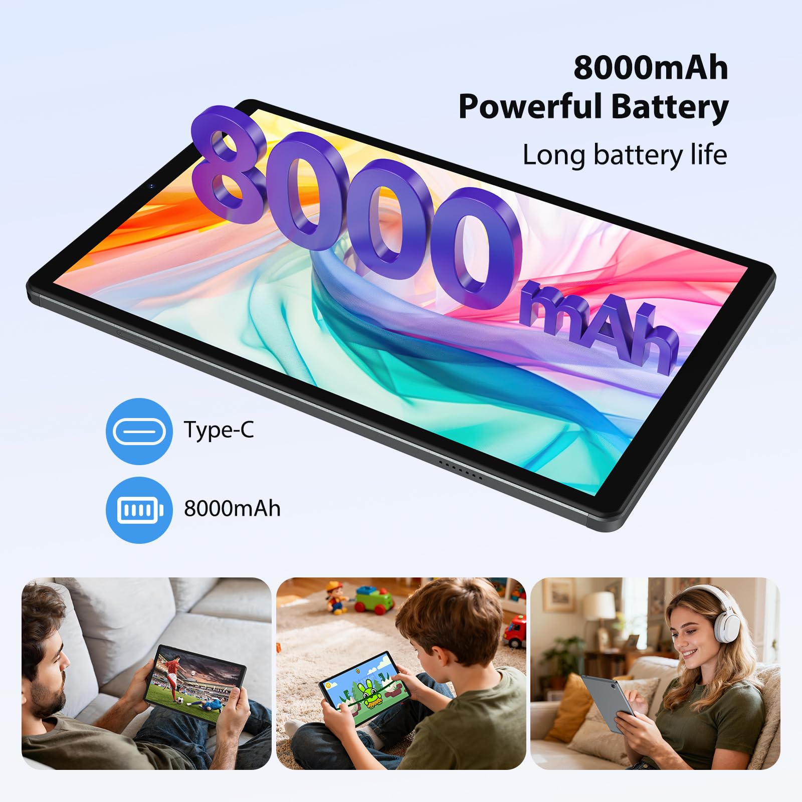 2K Android 16 Tablette, 36GB RAM, 512GB ROM (TF 1TB), 4G LTE & 5G WiFi, Tablet 10.6 Pouces, Octa-Core, 2000 * 1200, 8000mAh, 13MP+8MP, GPS, Tablette avec Clavier|Souris|Etui|Casque(Gris)