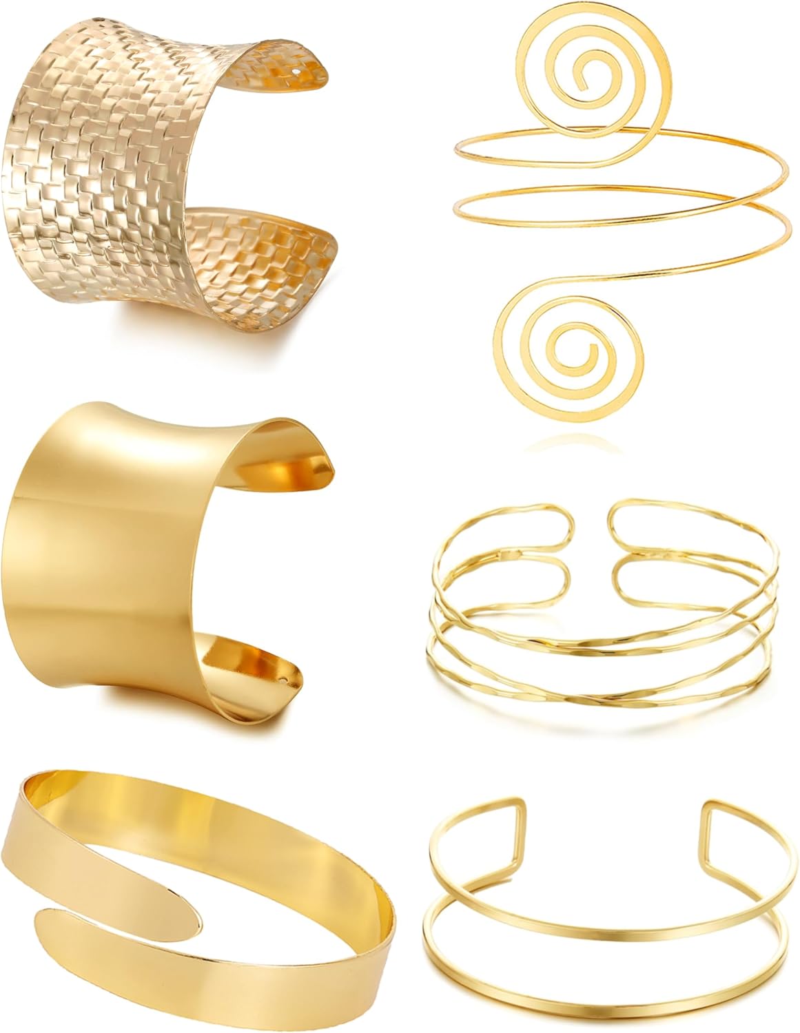 BROCC 6PCS Arm Cuff Upper Arm Band Gold Cuff Bracelets for Women Upper Arm Cuff Bangle for Women Adjustable Armband Set