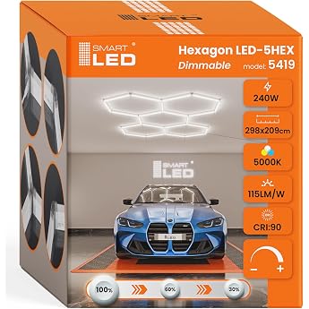 Hexagon LED Ceiling Light 298 x 209 cm - Set of 24 Workshop Lighting 240 W 27600 lm - 5000 K Daylight White - IP54 Flicker-Free - LED Garage Lighting for Car Tattoo Detailing Dimmable 298 x 209 cm [Energy Class A++]