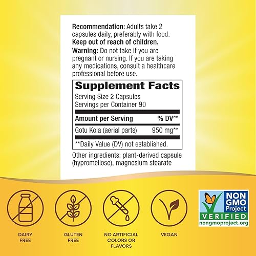 Miniatura 5 de Nature's Way Gotu Kola Herb, Supports Longevity and Vitality*, 950 mg per 2-Capsule Serving, Non-GMO Project Verified, 180 Capsules (Packaging May